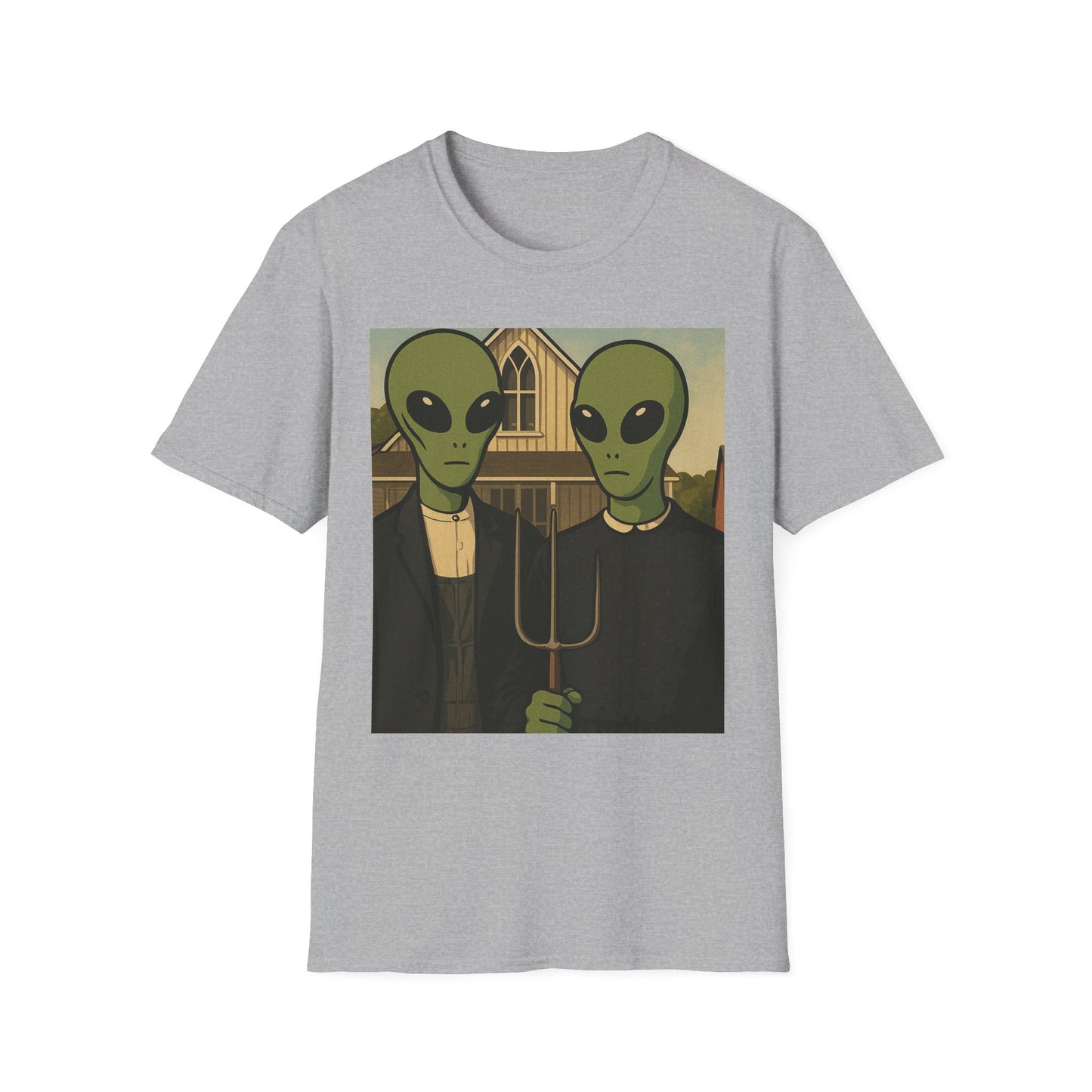 Alien American Gothic T-Shirt — Funny Retro Sci‑Fi Art Tee
