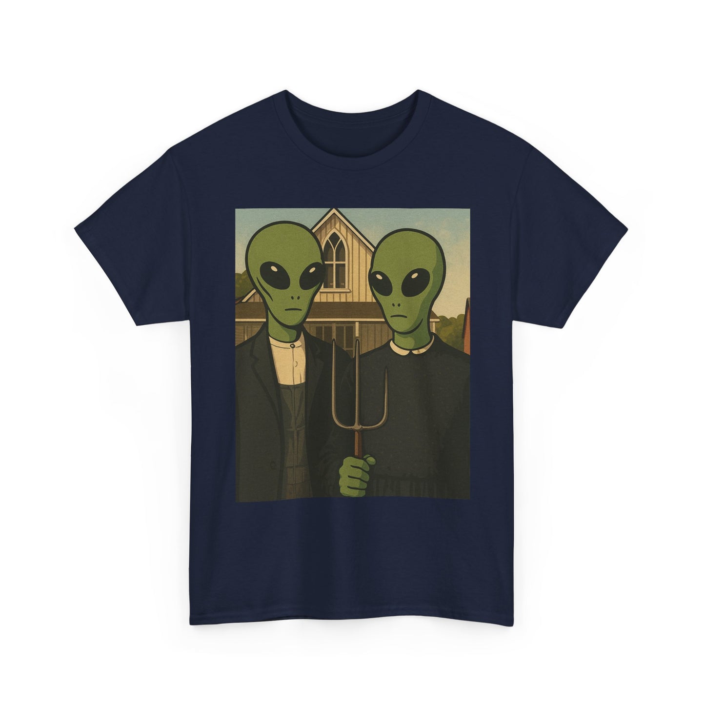 Alien American Gothic T-Shirt — Funny UFO Couple Graphic Tee