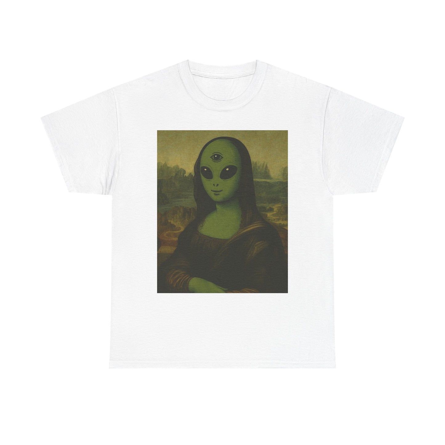 Alien Mona Lisa T-Shirt – Green 3‑Eyed Portrait Graphic Tee