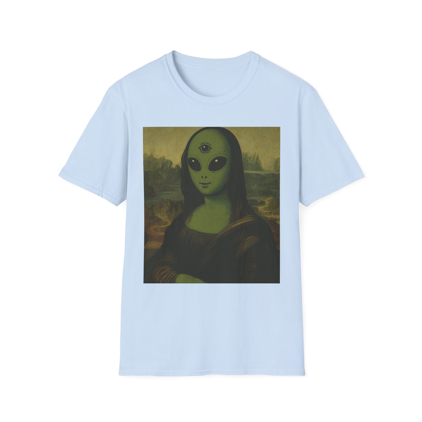 Alien Mona Lisa T-Shirt — Retro Green UFO Art Tee
