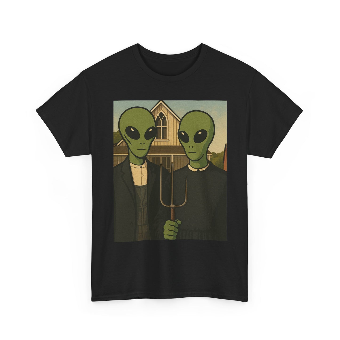 Alien American Gothic T-Shirt — Funny UFO Couple Graphic Tee