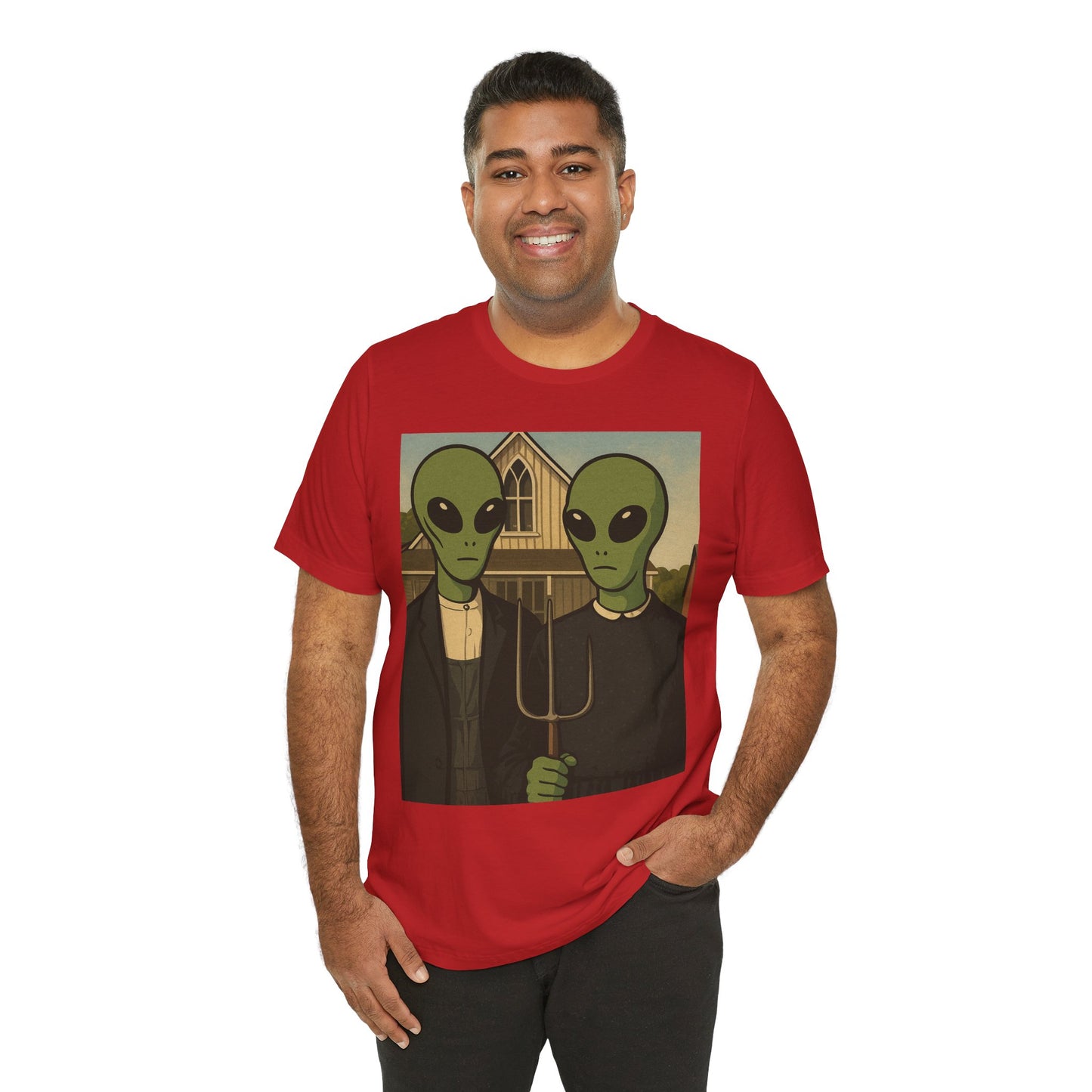 Alien Gothic Farmhouse T‑Shirt — Retro Green Alien American Gothic Tee