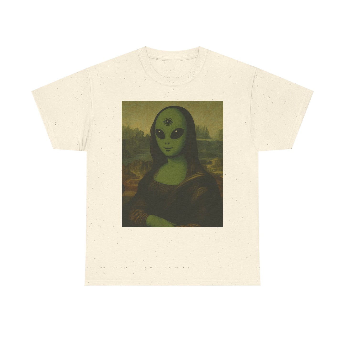 Alien Mona Lisa T-Shirt – Green 3‑Eyed Portrait Graphic Tee