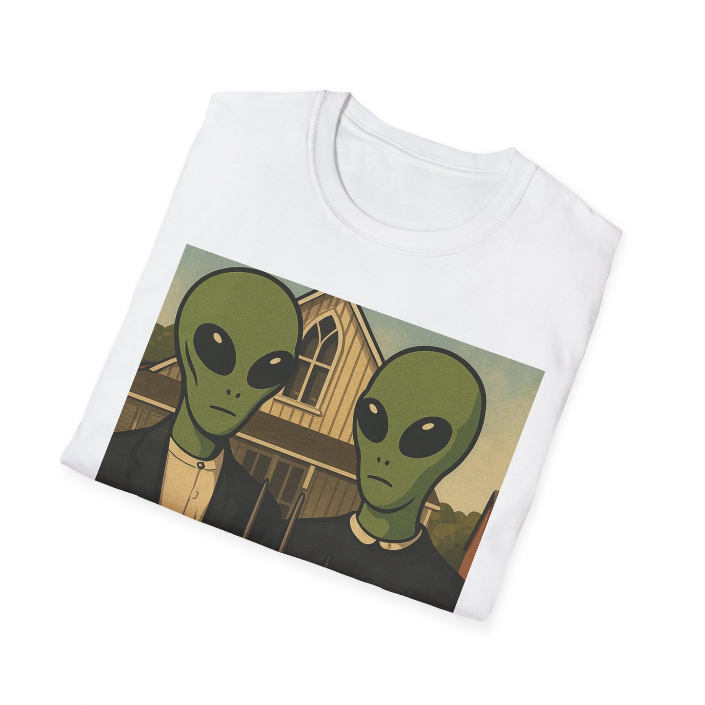Alien American Gothic T-Shirt — Funny Retro Sci‑Fi Art Tee