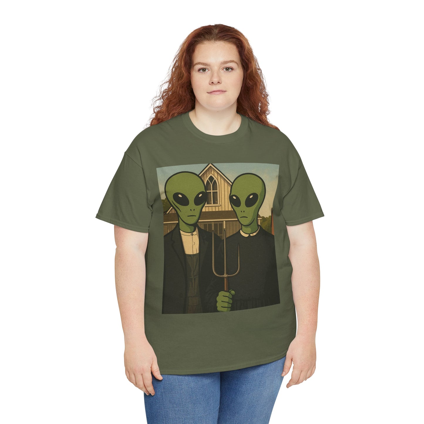 Alien American Gothic T-Shirt — Funny UFO Couple Graphic Tee
