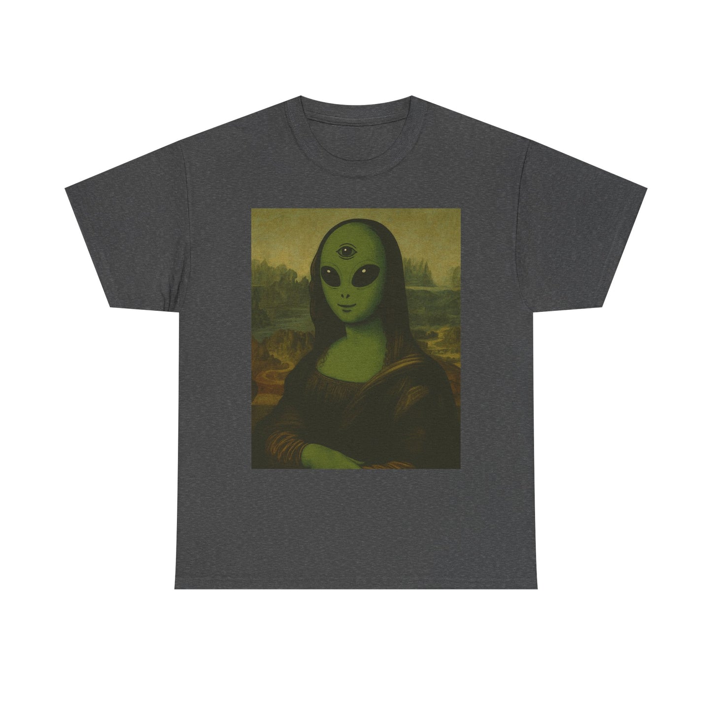 Alien Mona Lisa T-Shirt – Green 3‑Eyed Portrait Graphic Tee