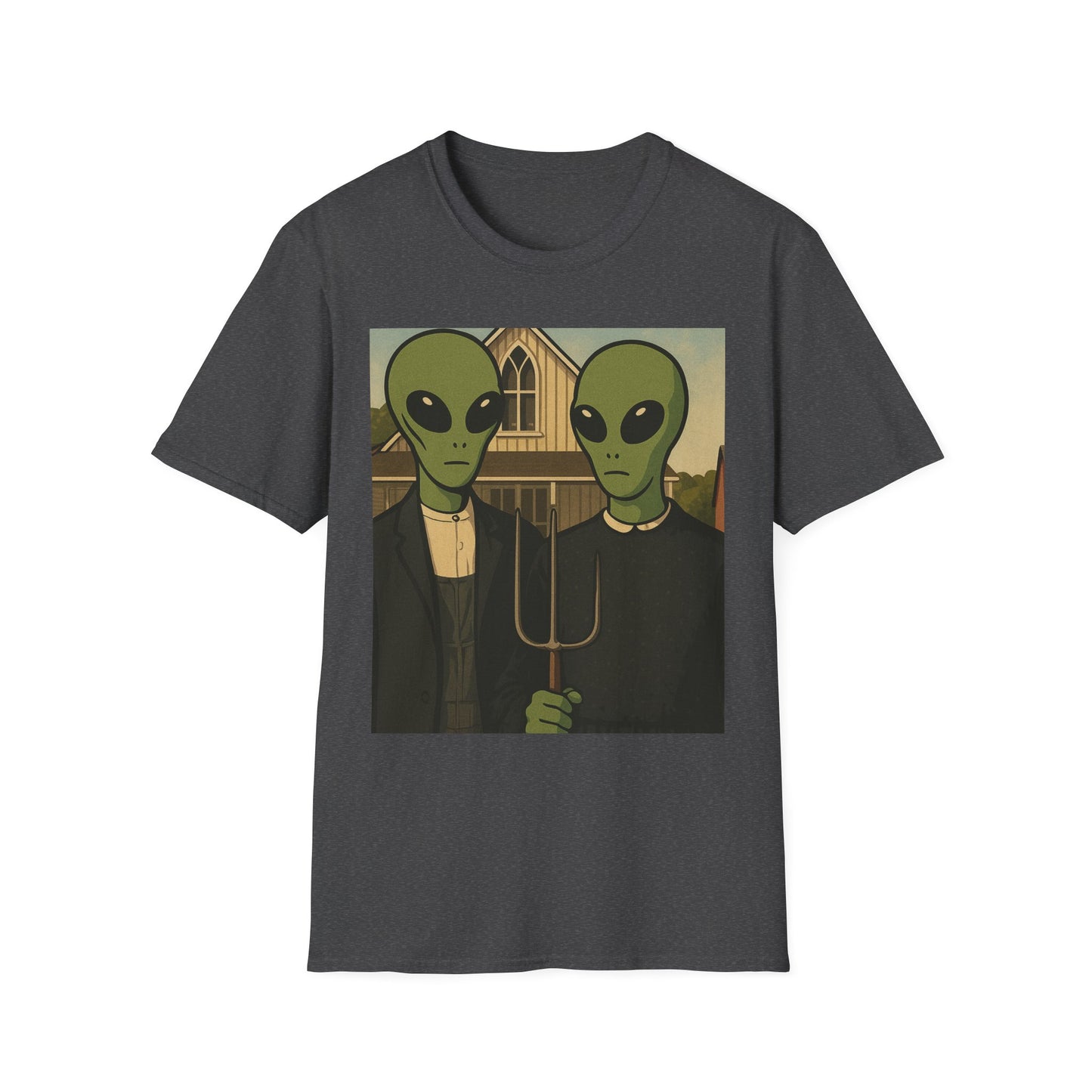 Alien American Gothic T-Shirt — Funny Retro Sci‑Fi Art Tee