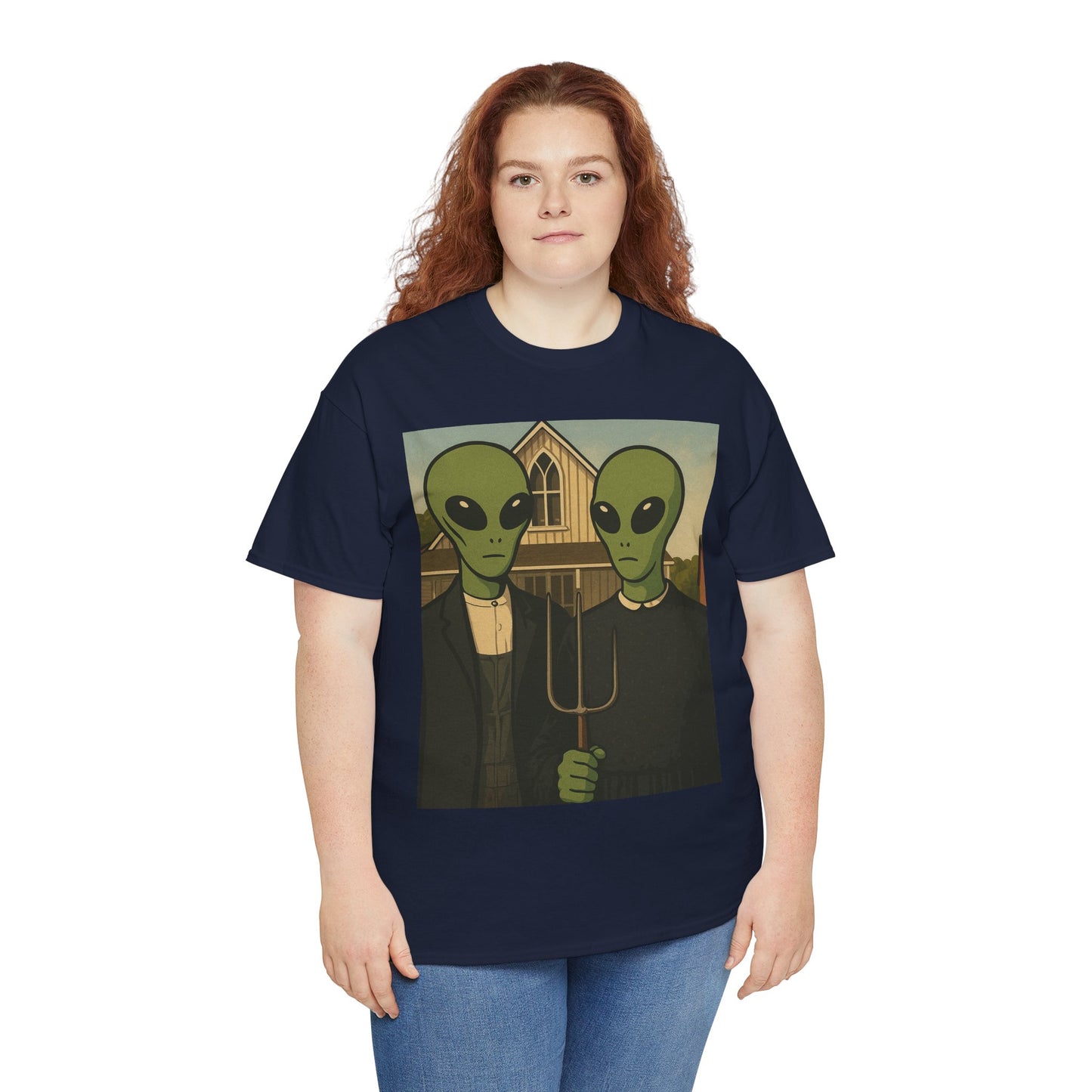 Alien American Gothic T-Shirt — Funny UFO Couple Graphic Tee