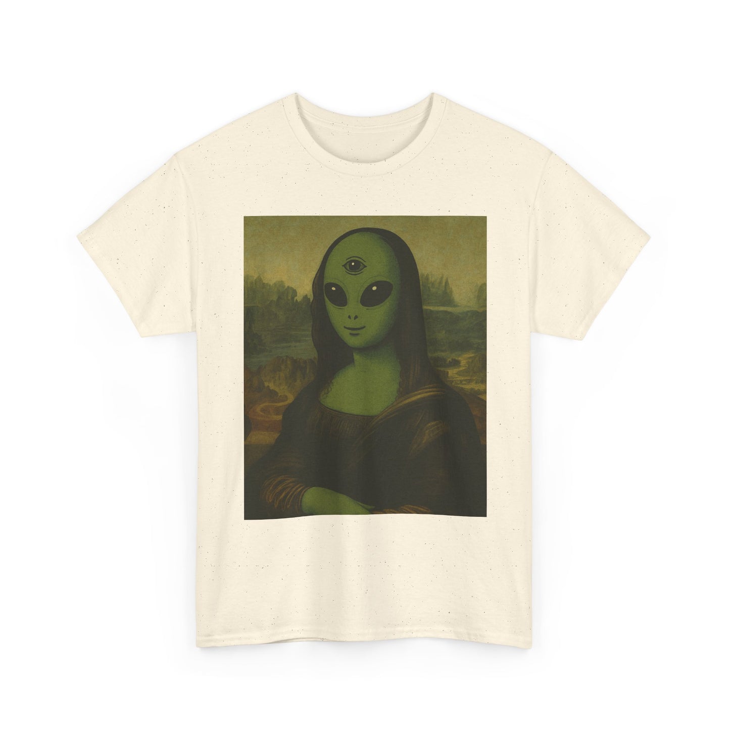 Alien Mona Lisa T-Shirt – Green 3‑Eyed Portrait Graphic Tee