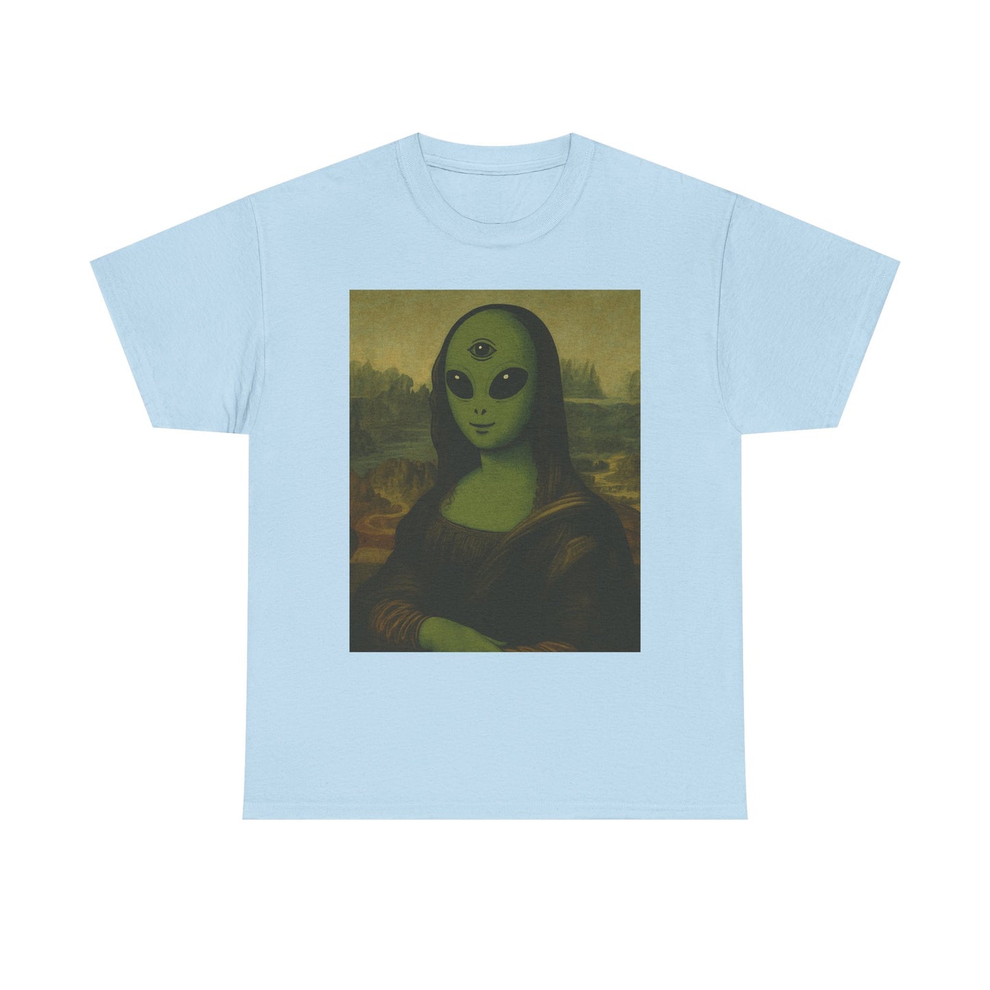 Alien Mona Lisa T-Shirt – Green 3‑Eyed Portrait Graphic Tee