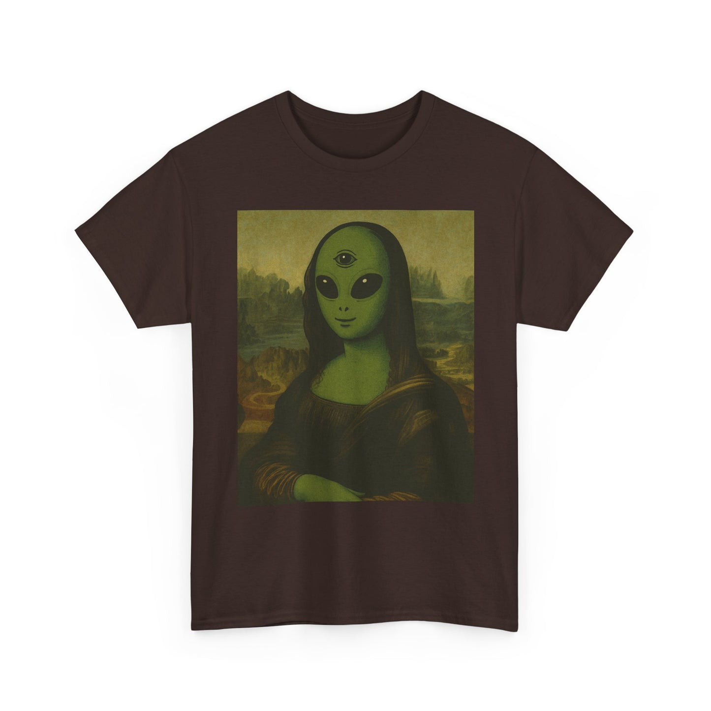 Alien Mona Lisa T-Shirt – Green 3‑Eyed Portrait Graphic Tee