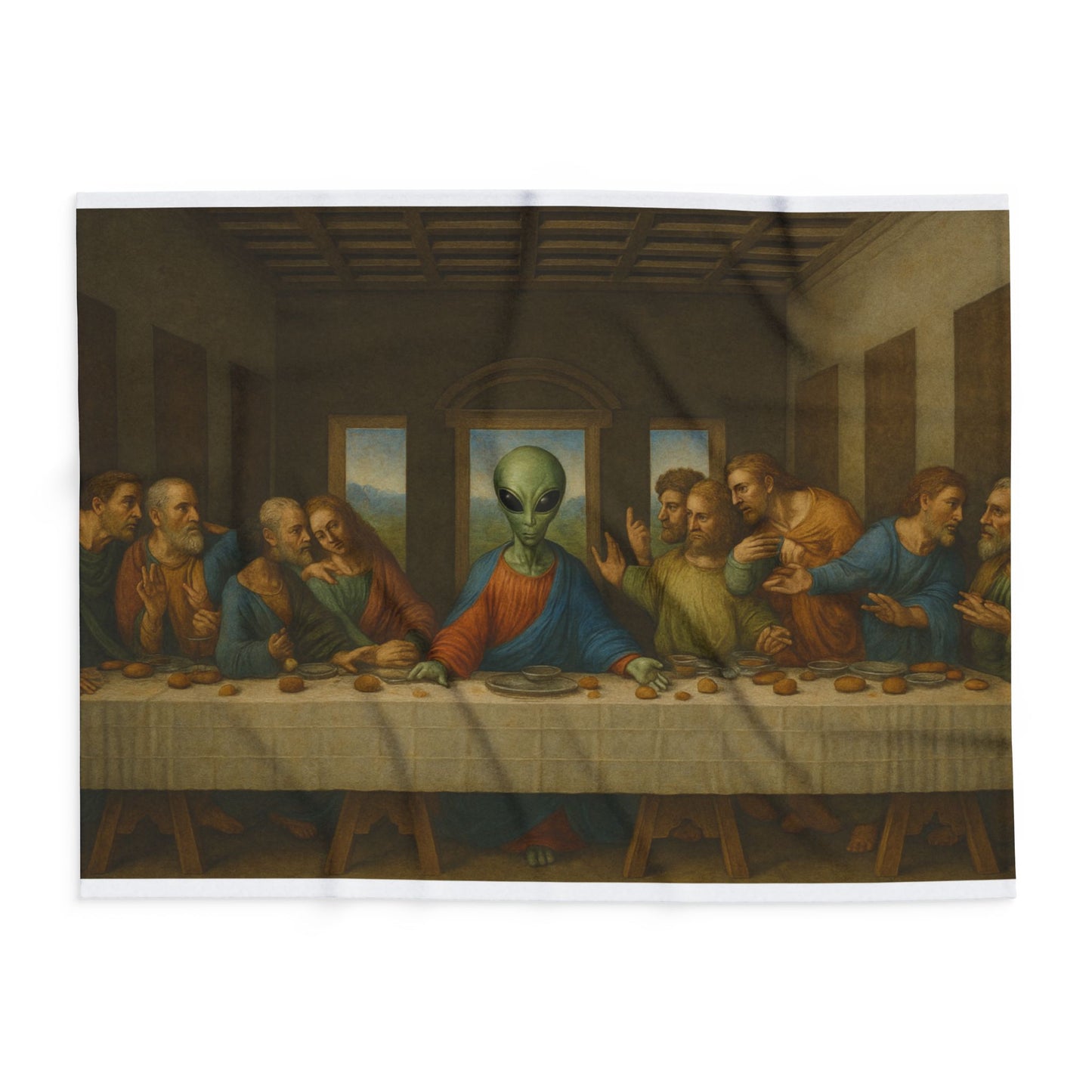Fleece Blanket — 'Alien at the Last Supper' Vintage Art Throw