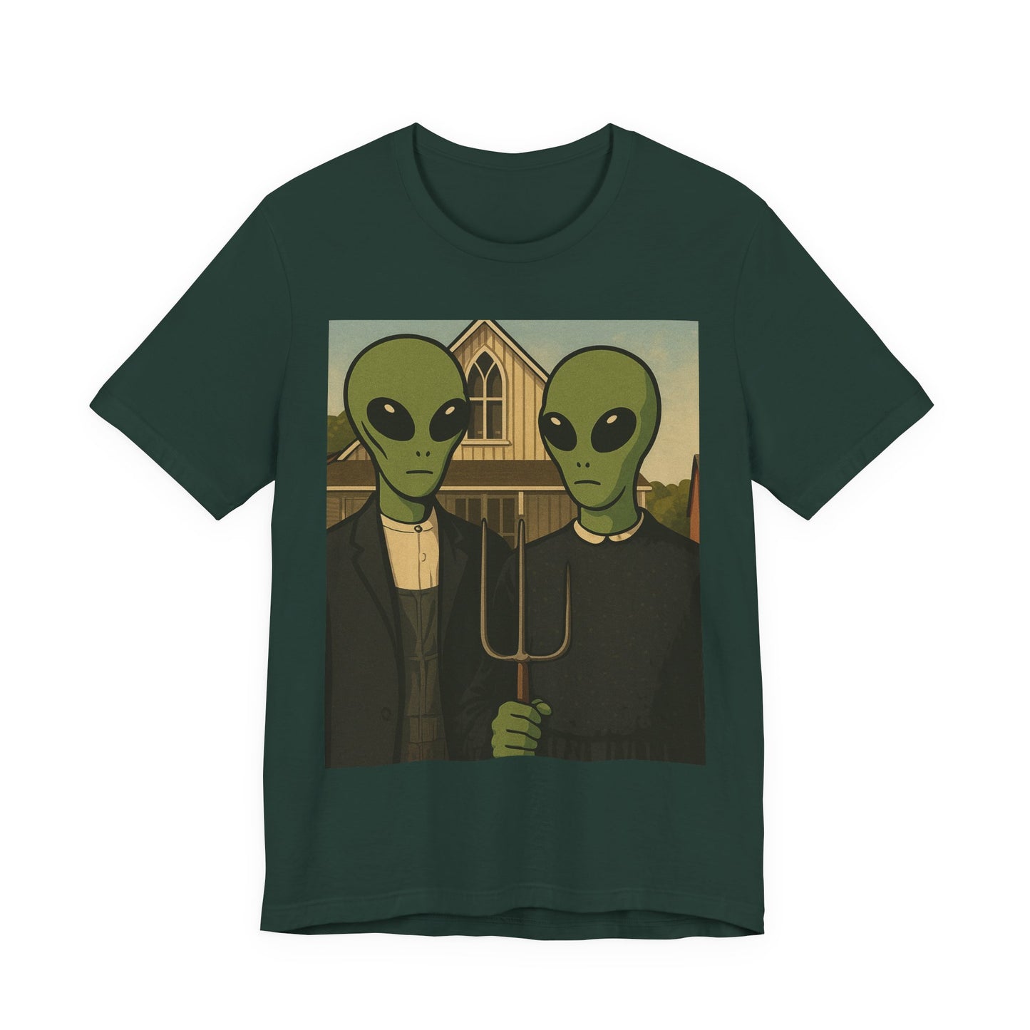 Alien Gothic Farmhouse T‑Shirt — Retro Green Alien American Gothic Tee
