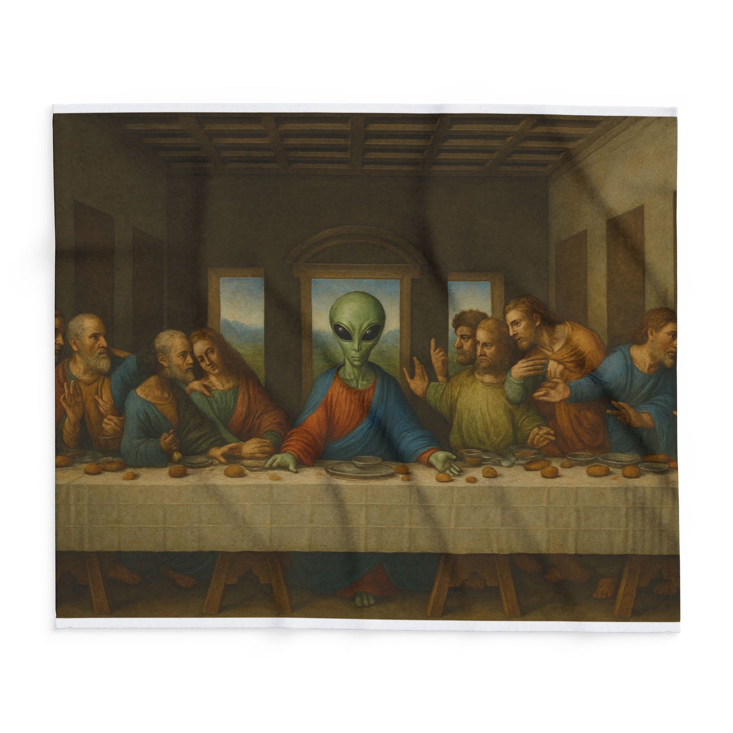 Fleece Blanket — 'Alien at the Last Supper' Vintage Art Throw