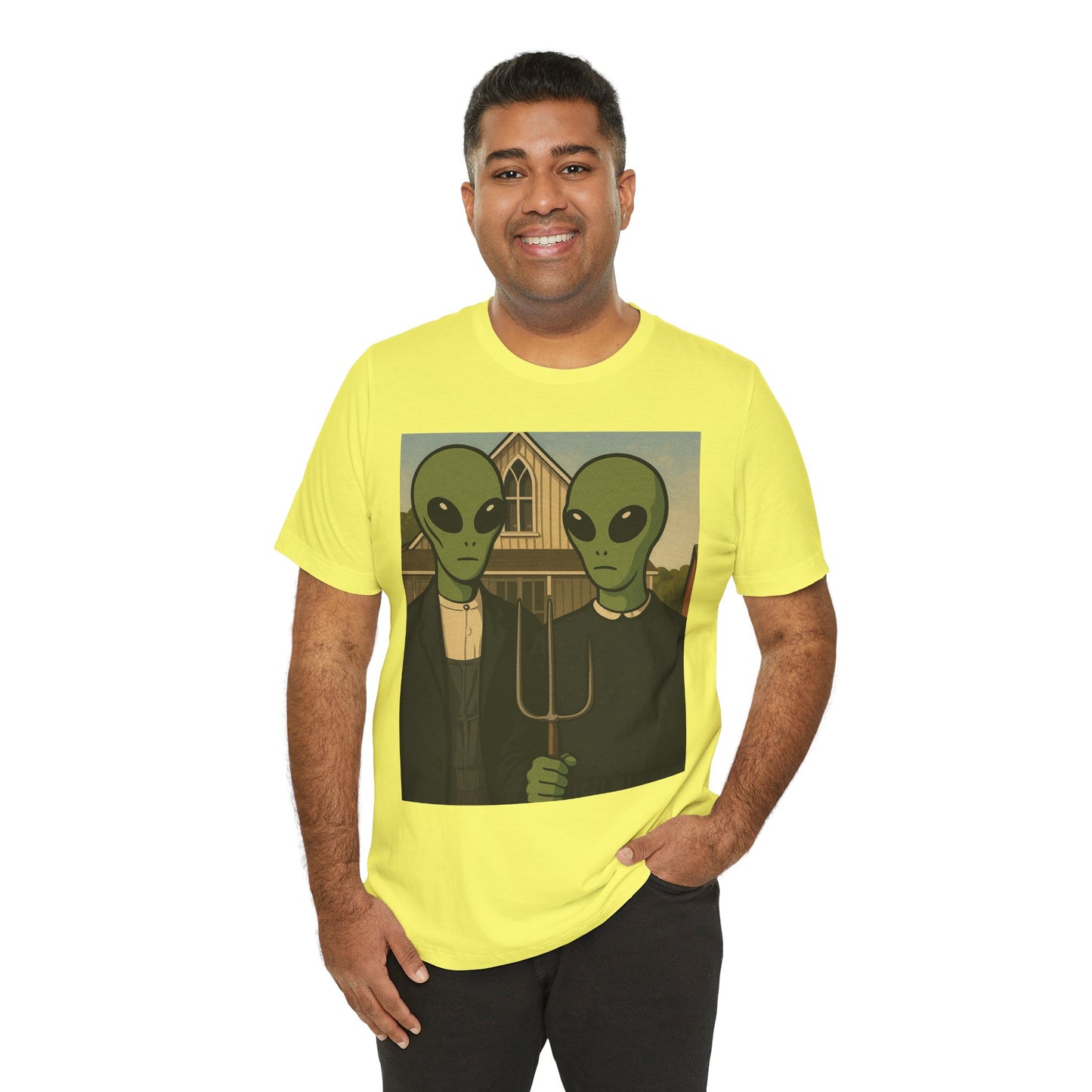 Alien Gothic Farmhouse T‑Shirt — Retro Green Alien American Gothic Tee