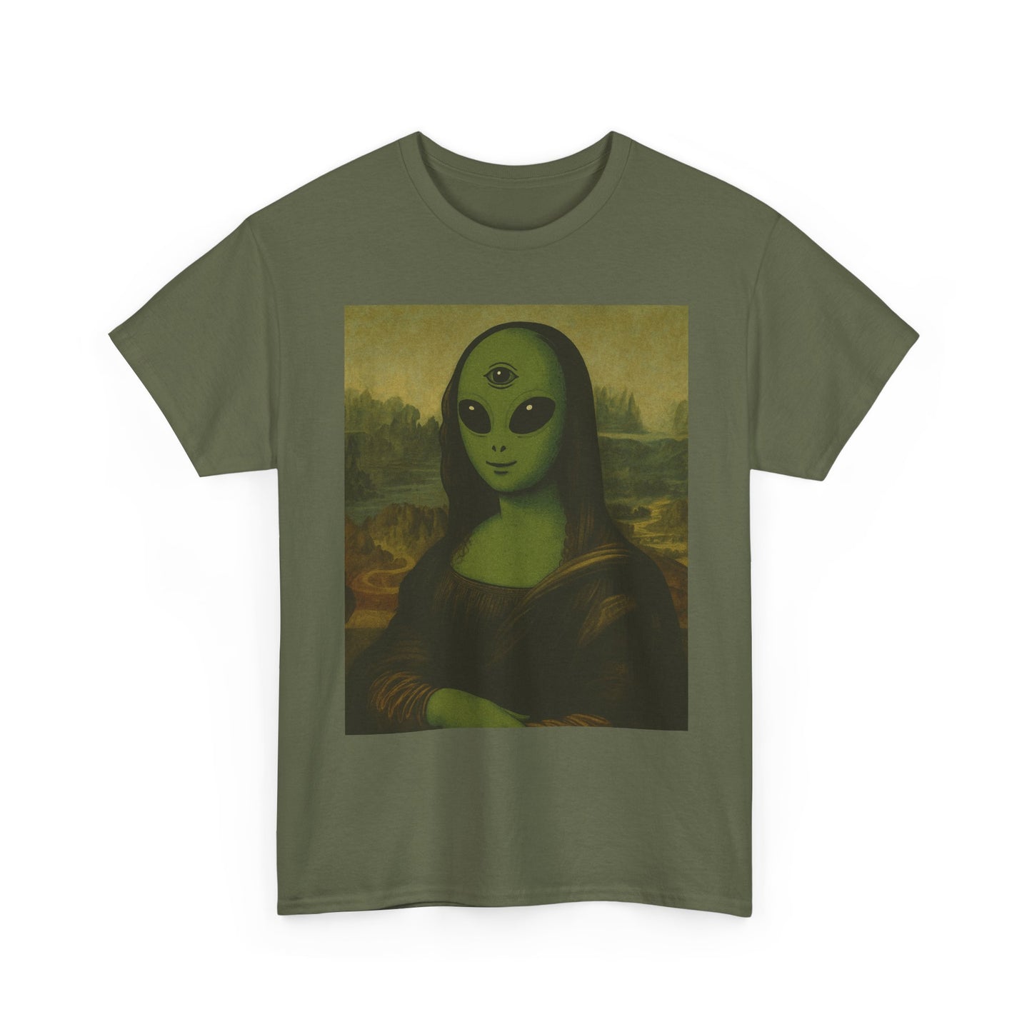 Alien Mona Lisa T-Shirt – Green 3‑Eyed Portrait Graphic Tee