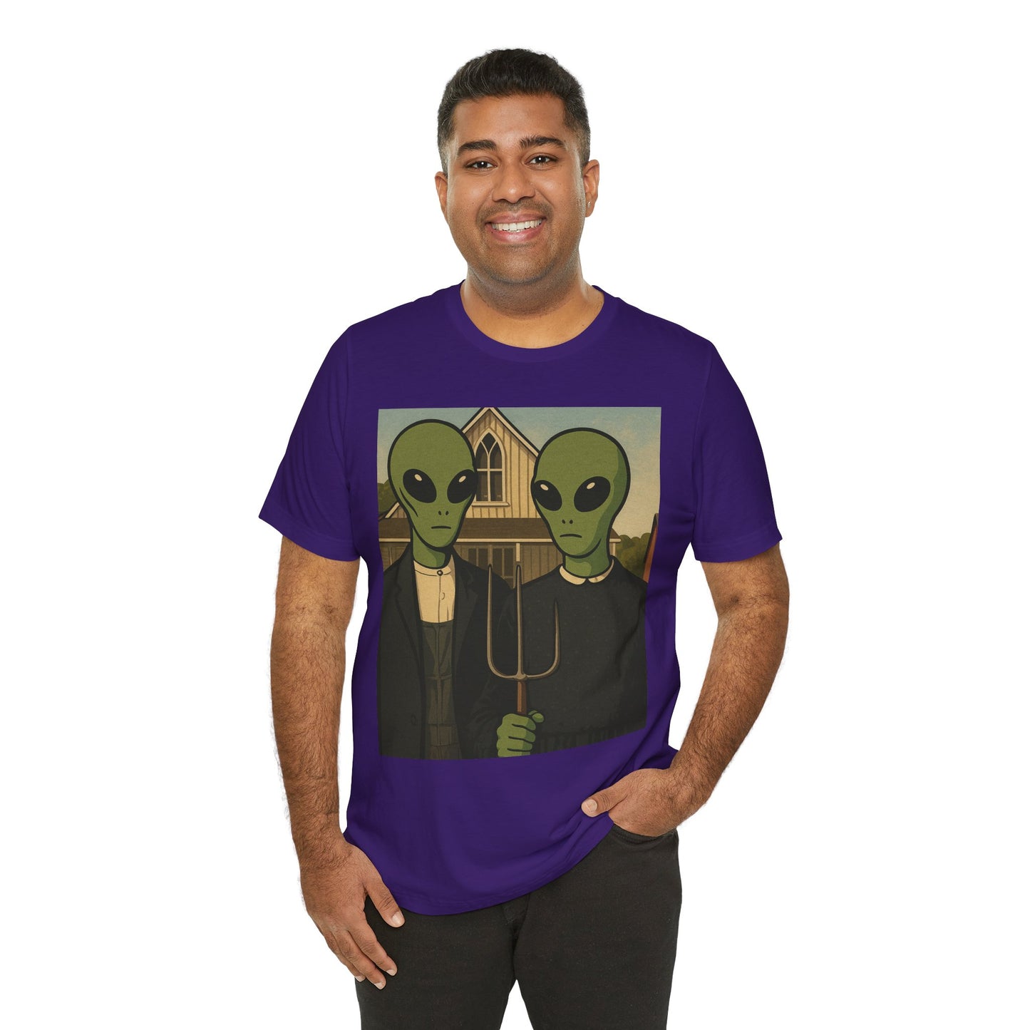 Alien Gothic Farmhouse T‑Shirt — Retro Green Alien American Gothic Tee
