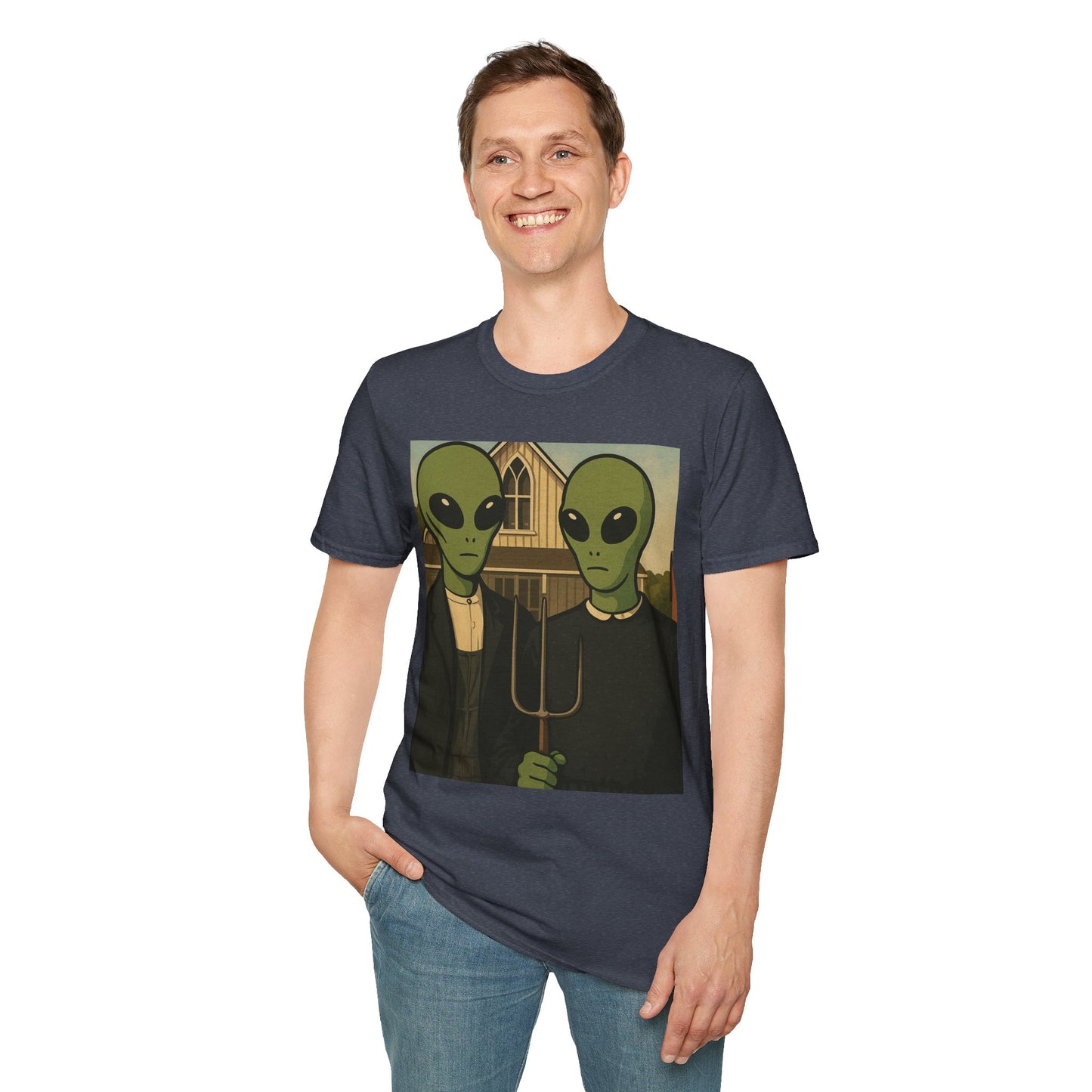 Alien American Gothic T-Shirt — Funny Retro Sci‑Fi Art Tee