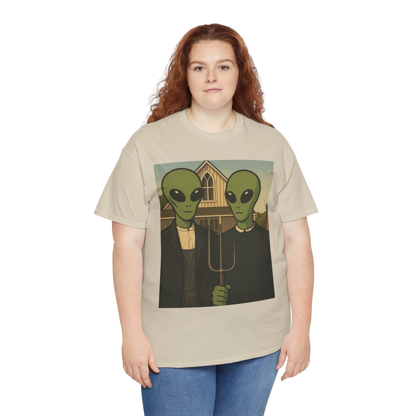 Alien American Gothic T-Shirt — Funny UFO Couple Graphic Tee