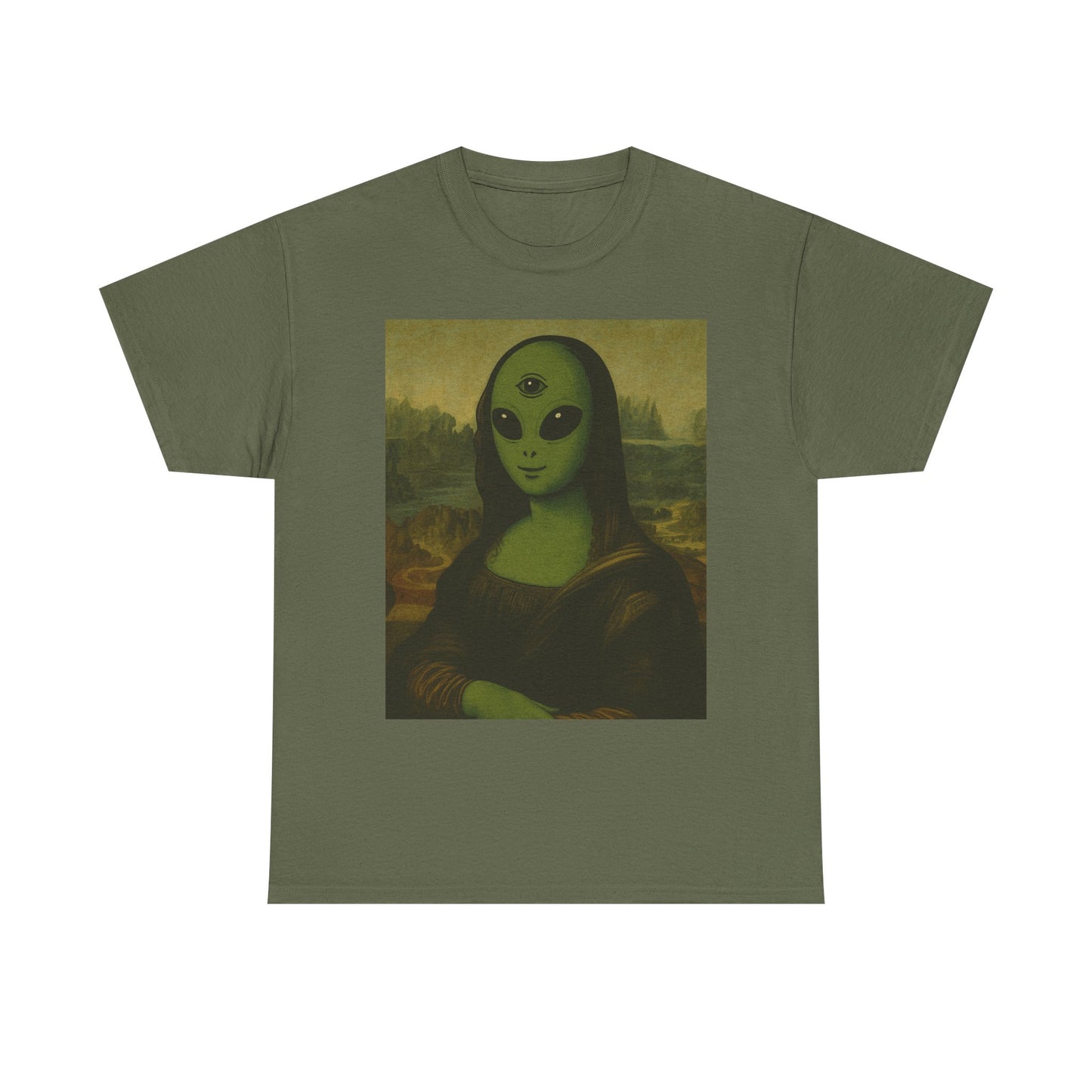 Alien Mona Lisa T-Shirt – Green 3‑Eyed Portrait Graphic Tee
