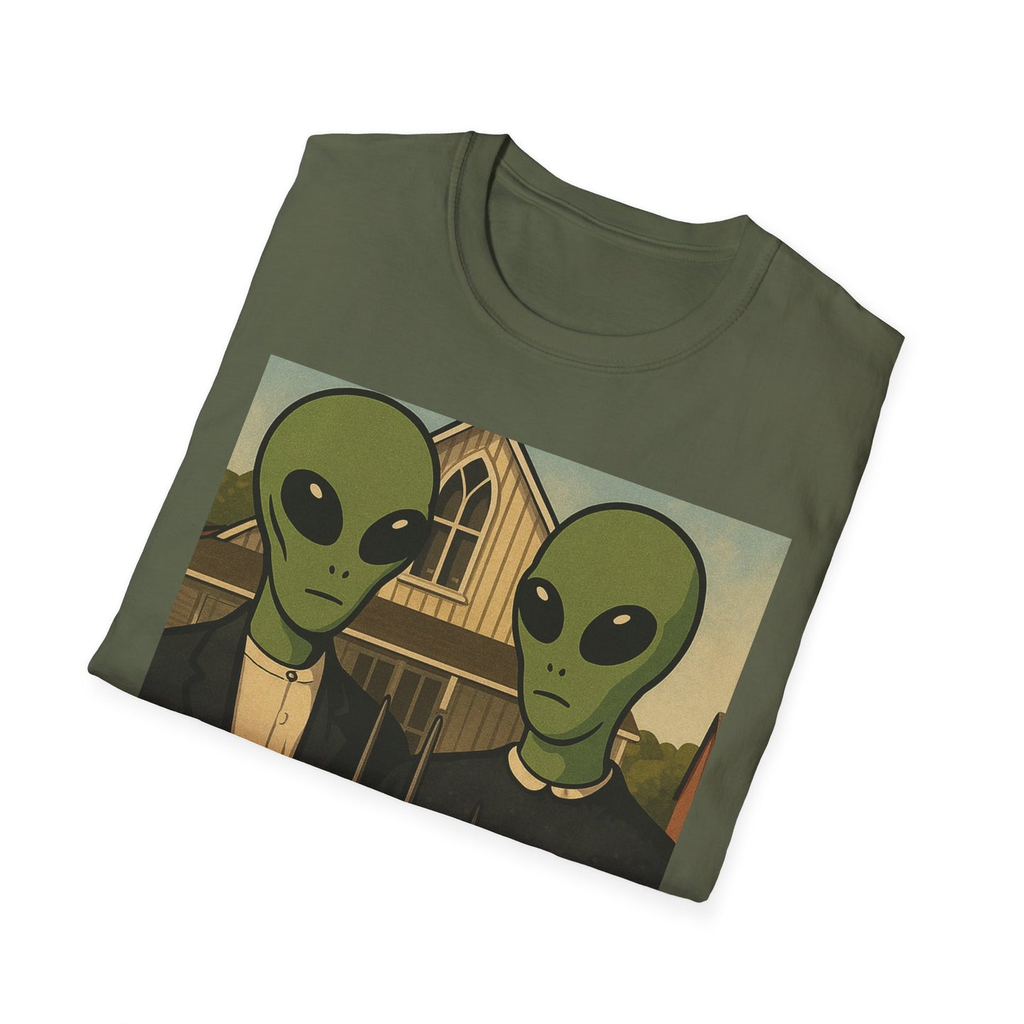 Alien American Gothic T-Shirt — Funny Retro Sci‑Fi Art Tee