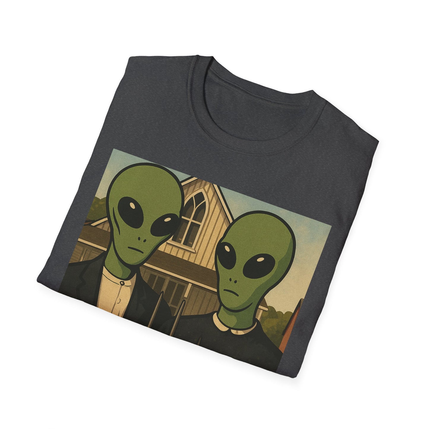 Alien American Gothic T-Shirt — Funny Retro Sci‑Fi Art Tee