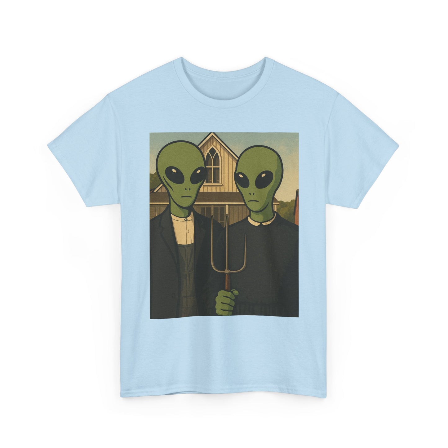 Alien American Gothic T-Shirt — Funny UFO Couple Graphic Tee