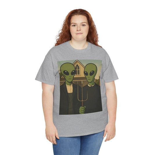 Alien American Gothic T-Shirt — Funny UFO Couple Graphic Tee