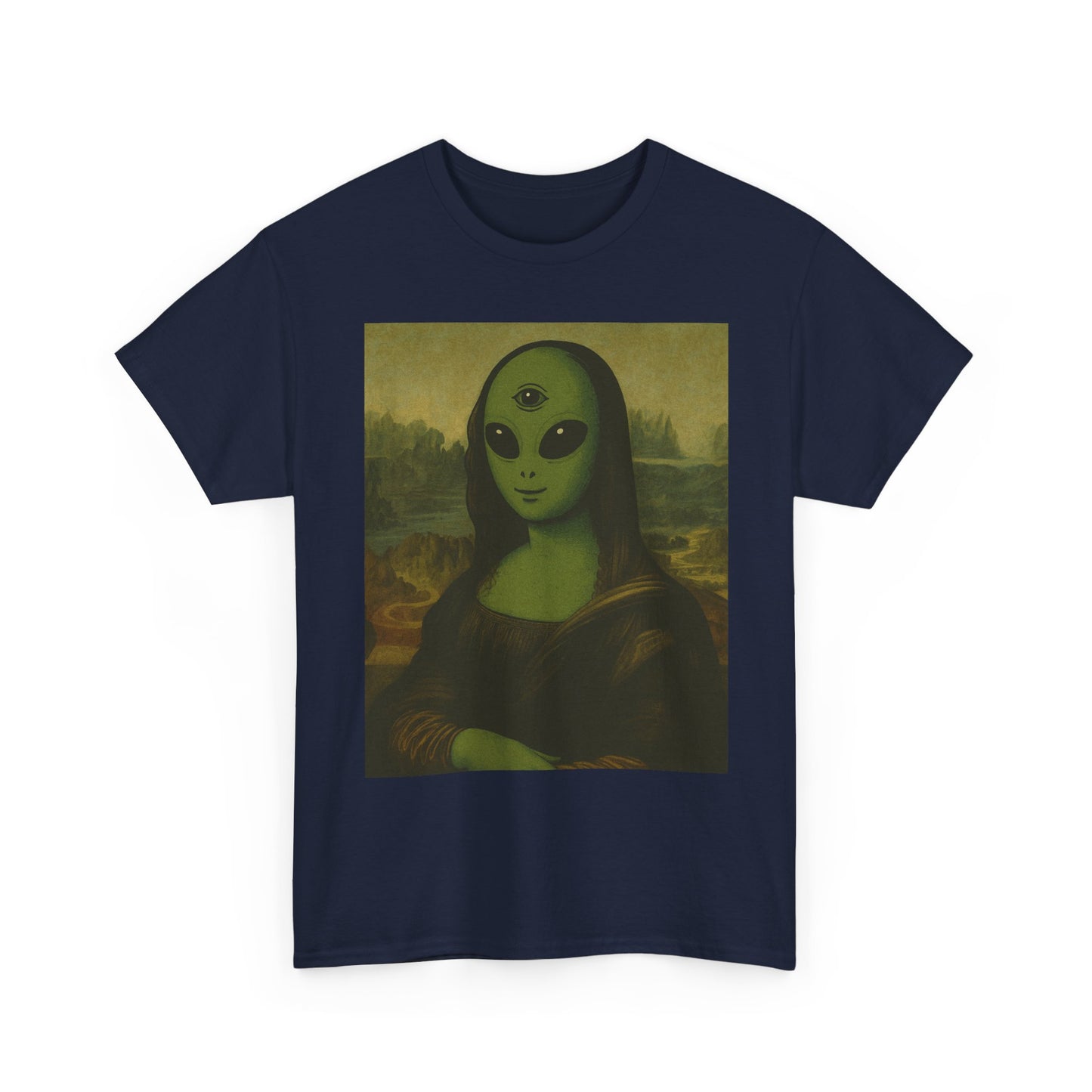 Alien Mona Lisa T-Shirt – Green 3‑Eyed Portrait Graphic Tee