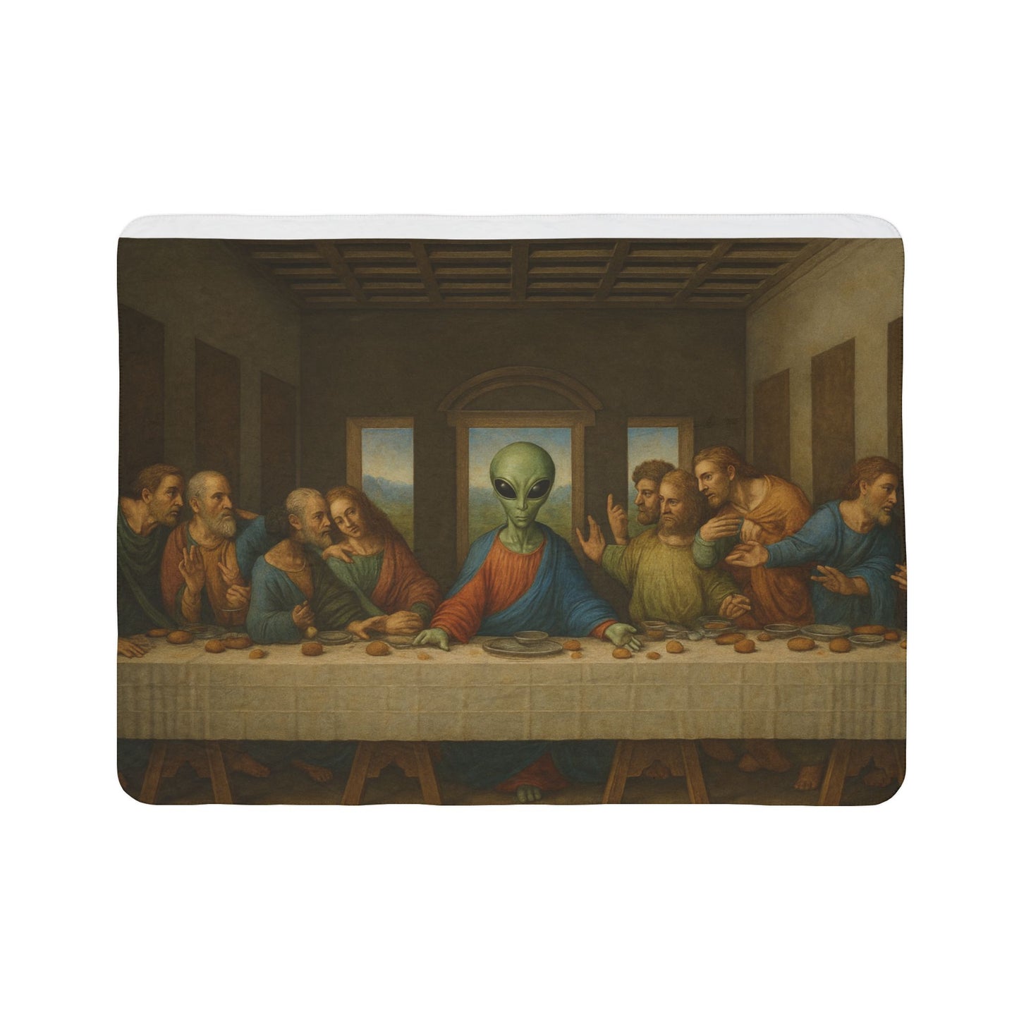 Alien Last Supper Fleece Sherpa Blanket — Funny Retro Religious Parody Throw