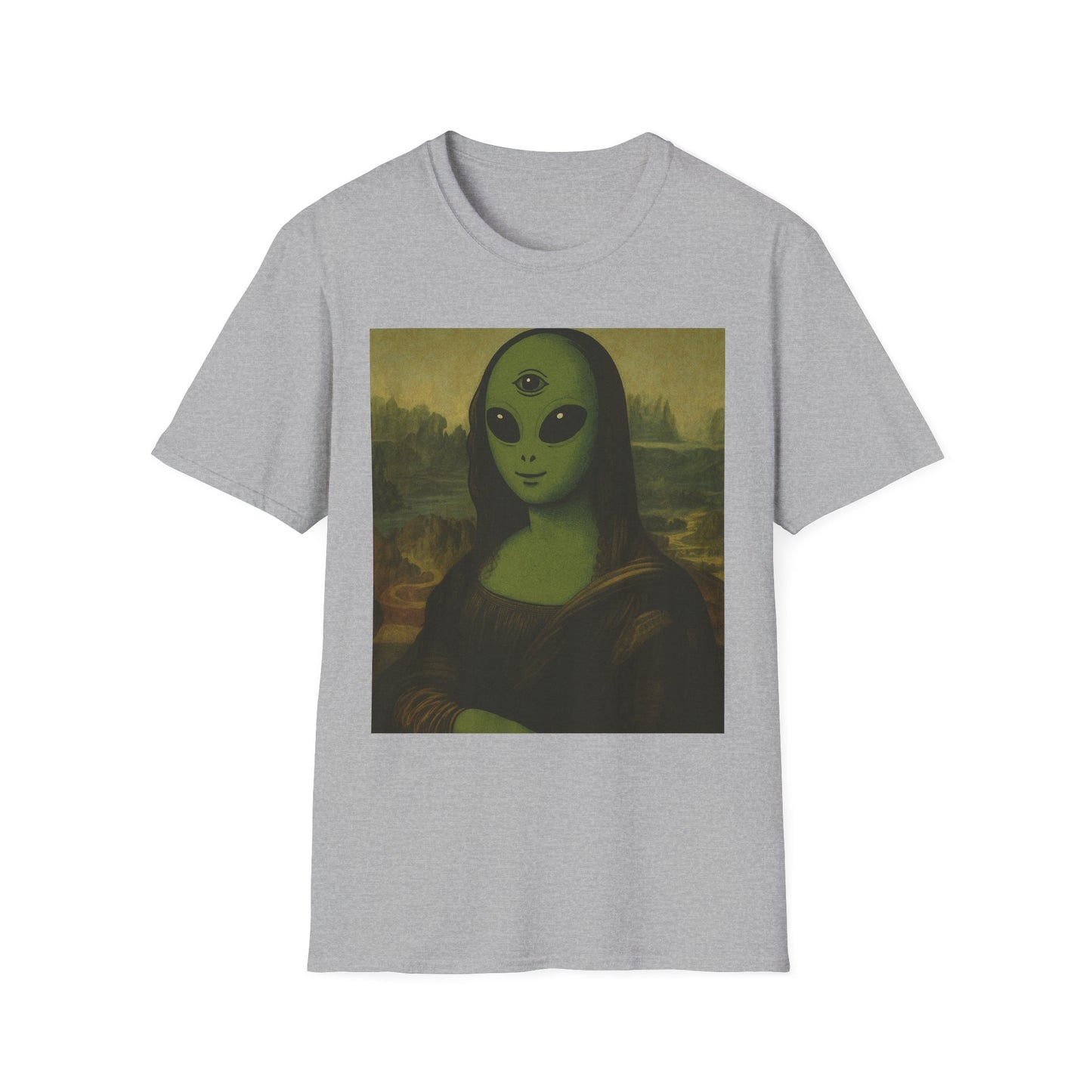 Alien Mona Lisa T-Shirt — Retro Green UFO Art Tee