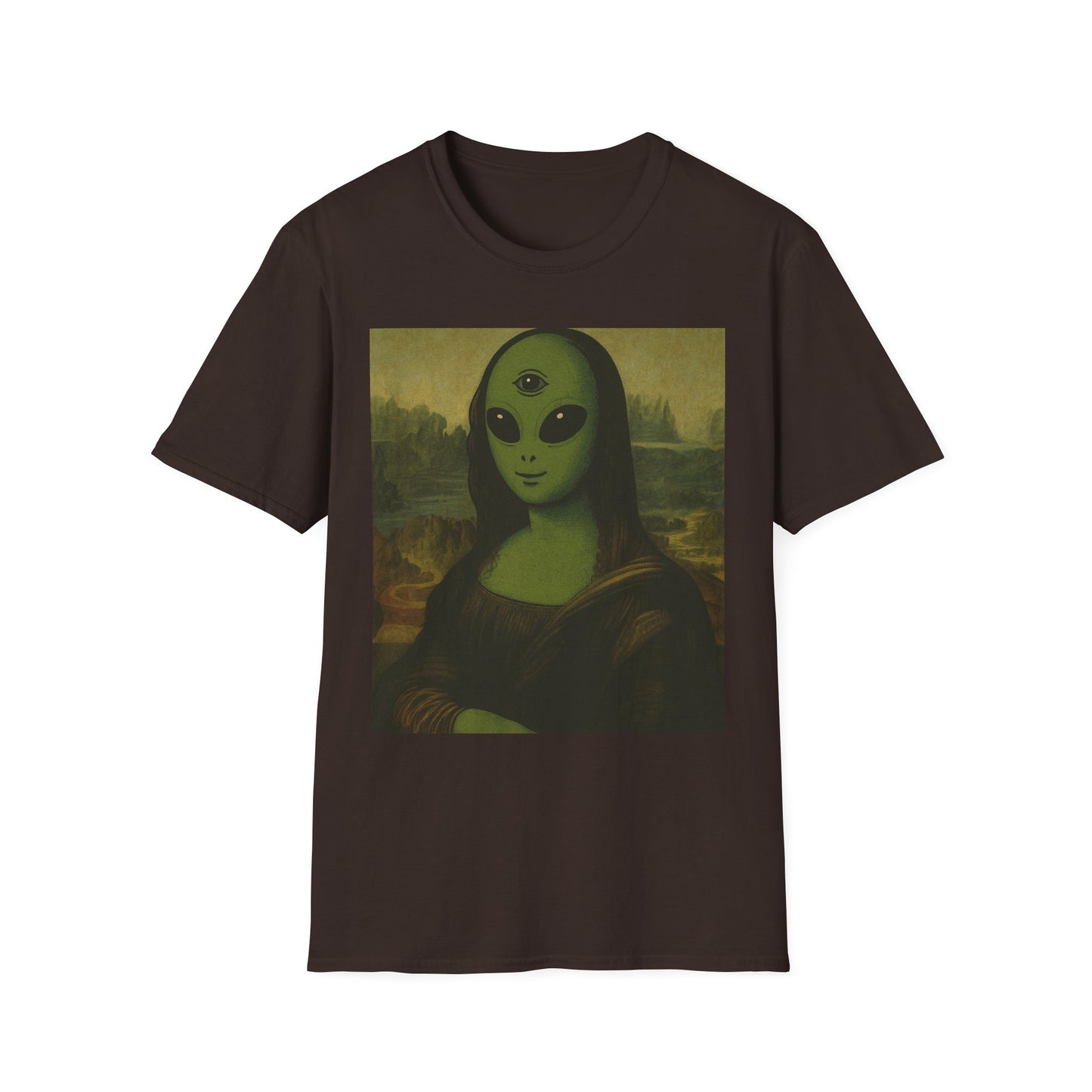 Alien Mona Lisa T-Shirt — Retro Green UFO Art Tee