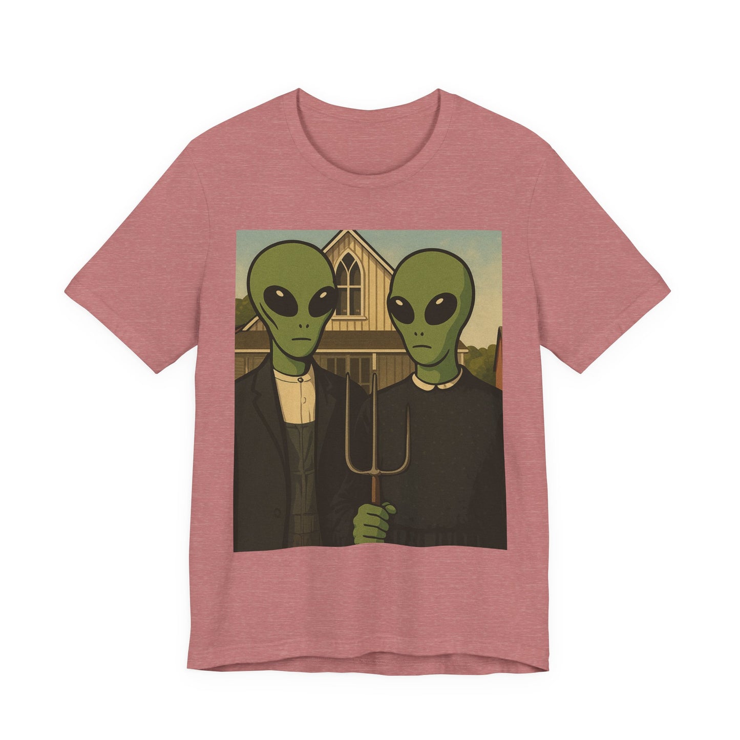 Alien Gothic Farmhouse T‑Shirt — Retro Green Alien American Gothic Tee