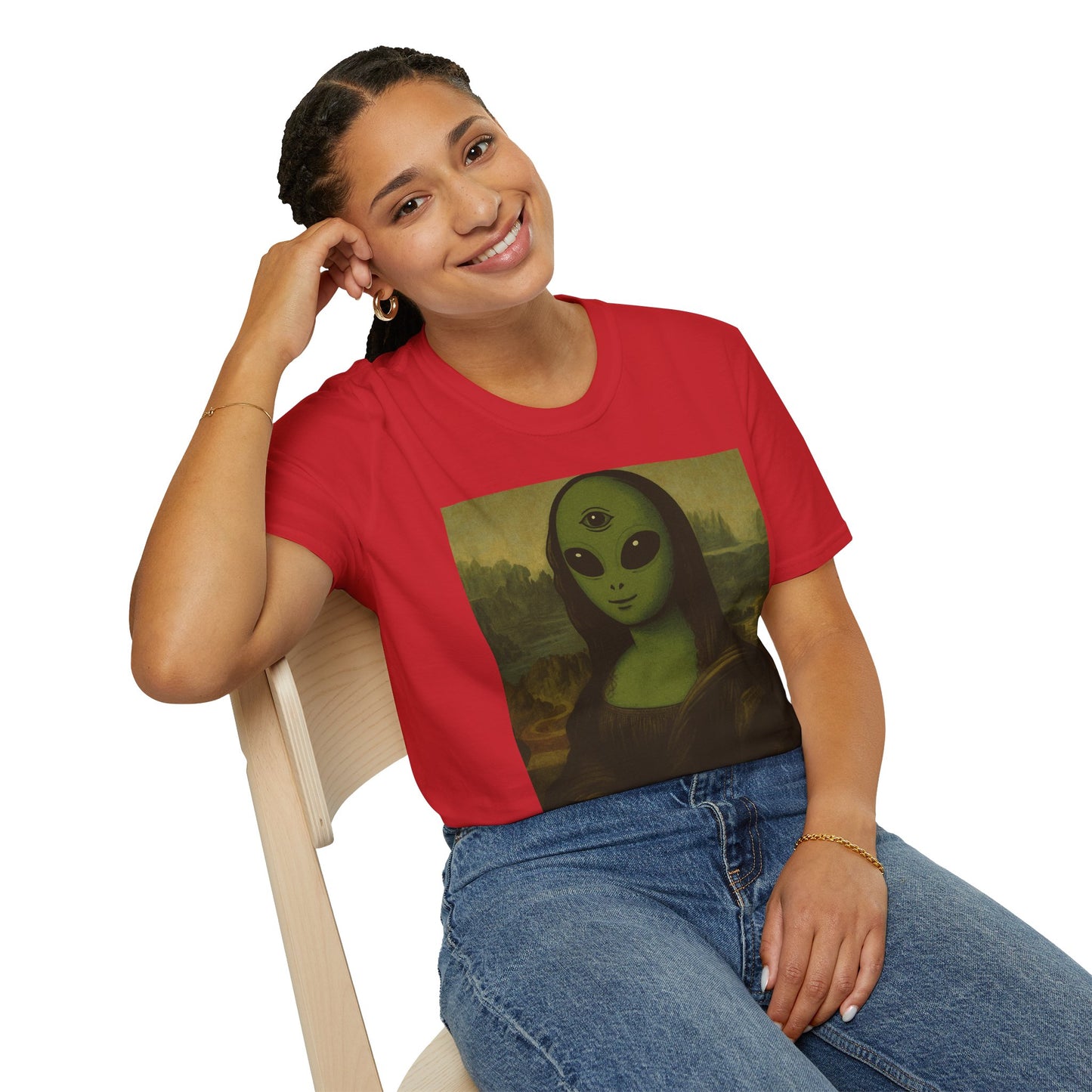 Alien Mona Lisa T-Shirt — Retro Green UFO Art Tee