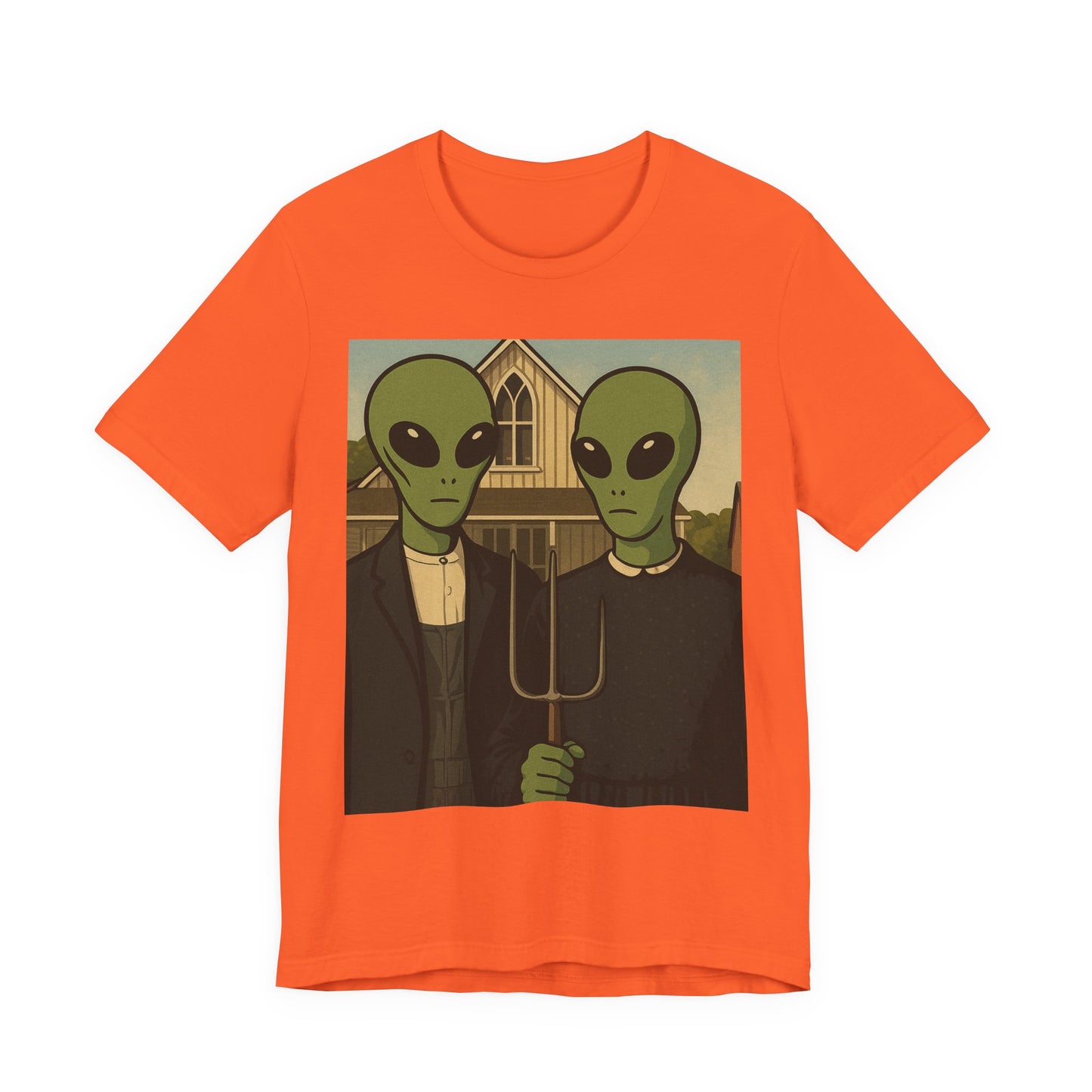 Alien Gothic Farmhouse T‑Shirt — Retro Green Alien American Gothic Tee