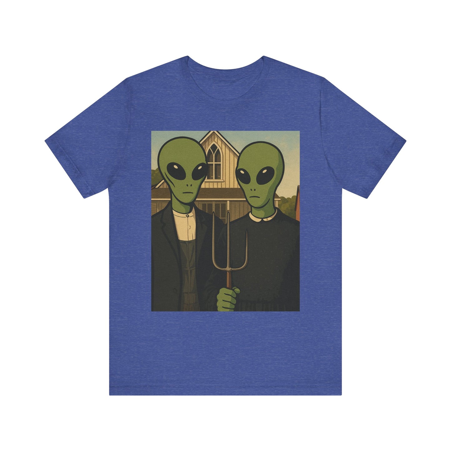 Alien Gothic Farmhouse T‑Shirt — Retro Green Alien American Gothic Tee