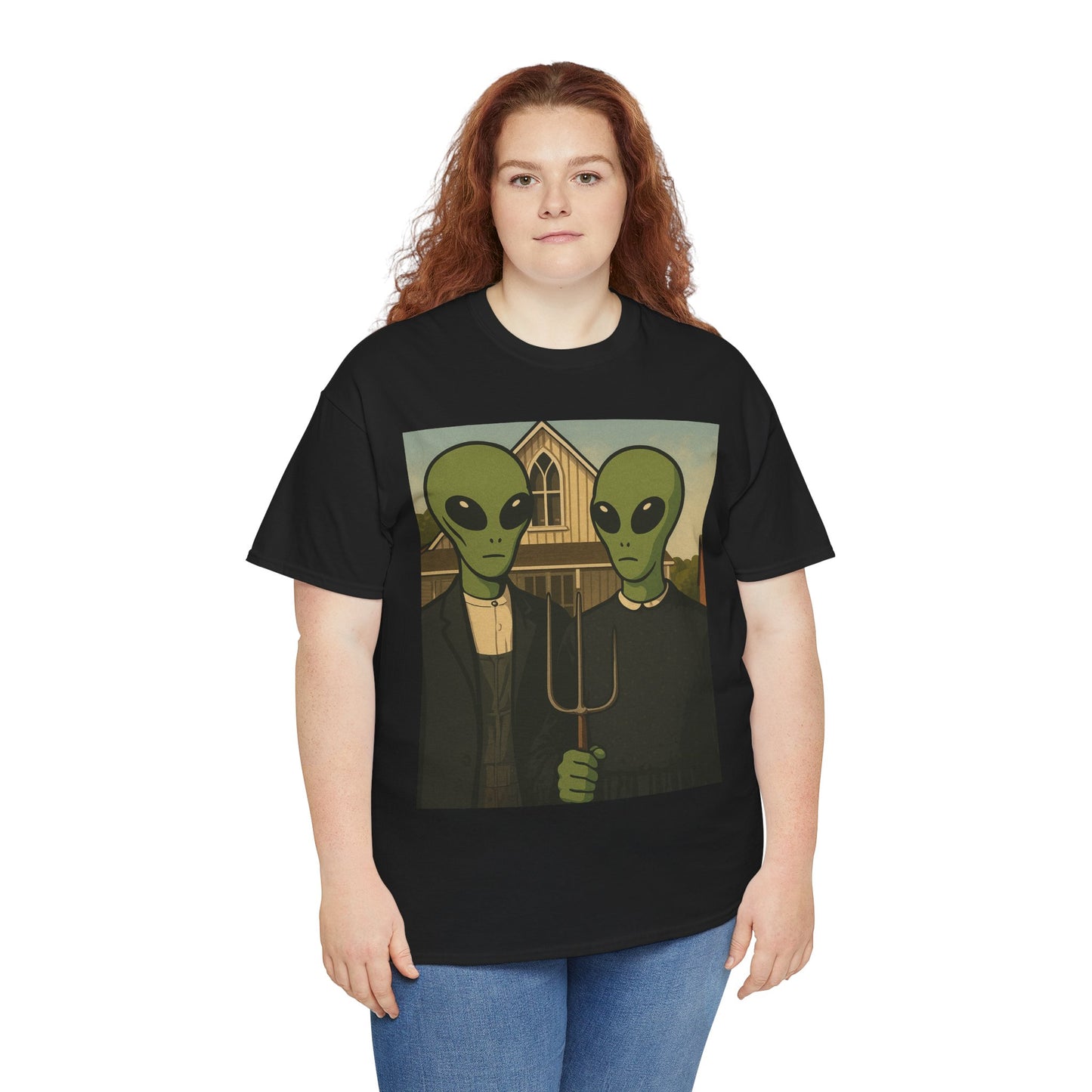 Alien American Gothic T-Shirt — Funny UFO Couple Graphic Tee