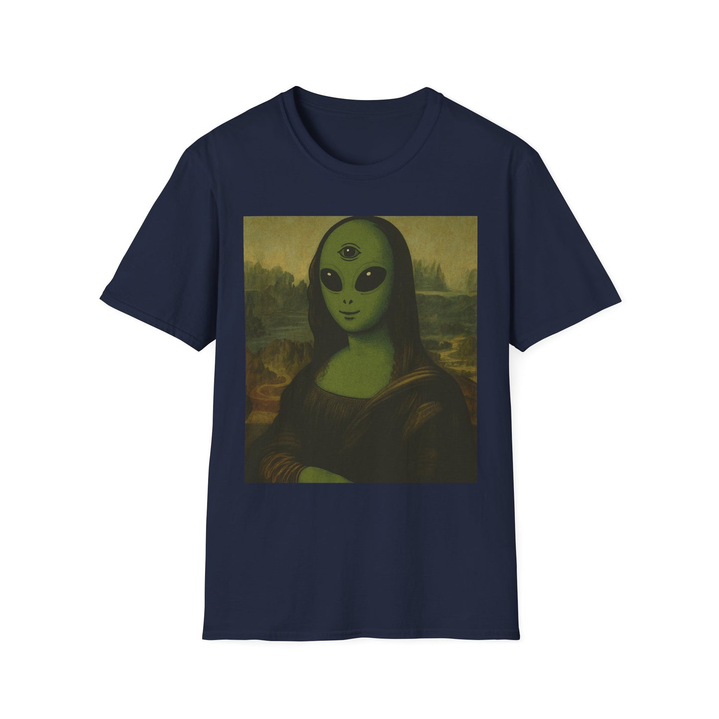 Alien Mona Lisa T-Shirt — Retro Green UFO Art Tee