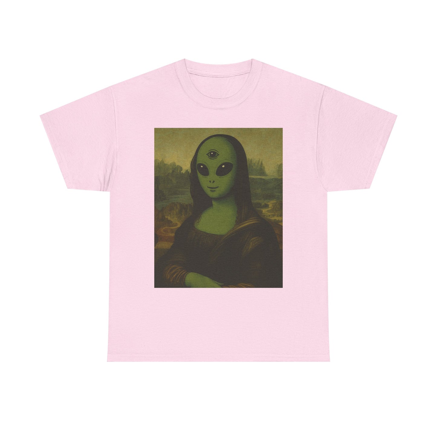Alien Mona Lisa T-Shirt – Green 3‑Eyed Portrait Graphic Tee