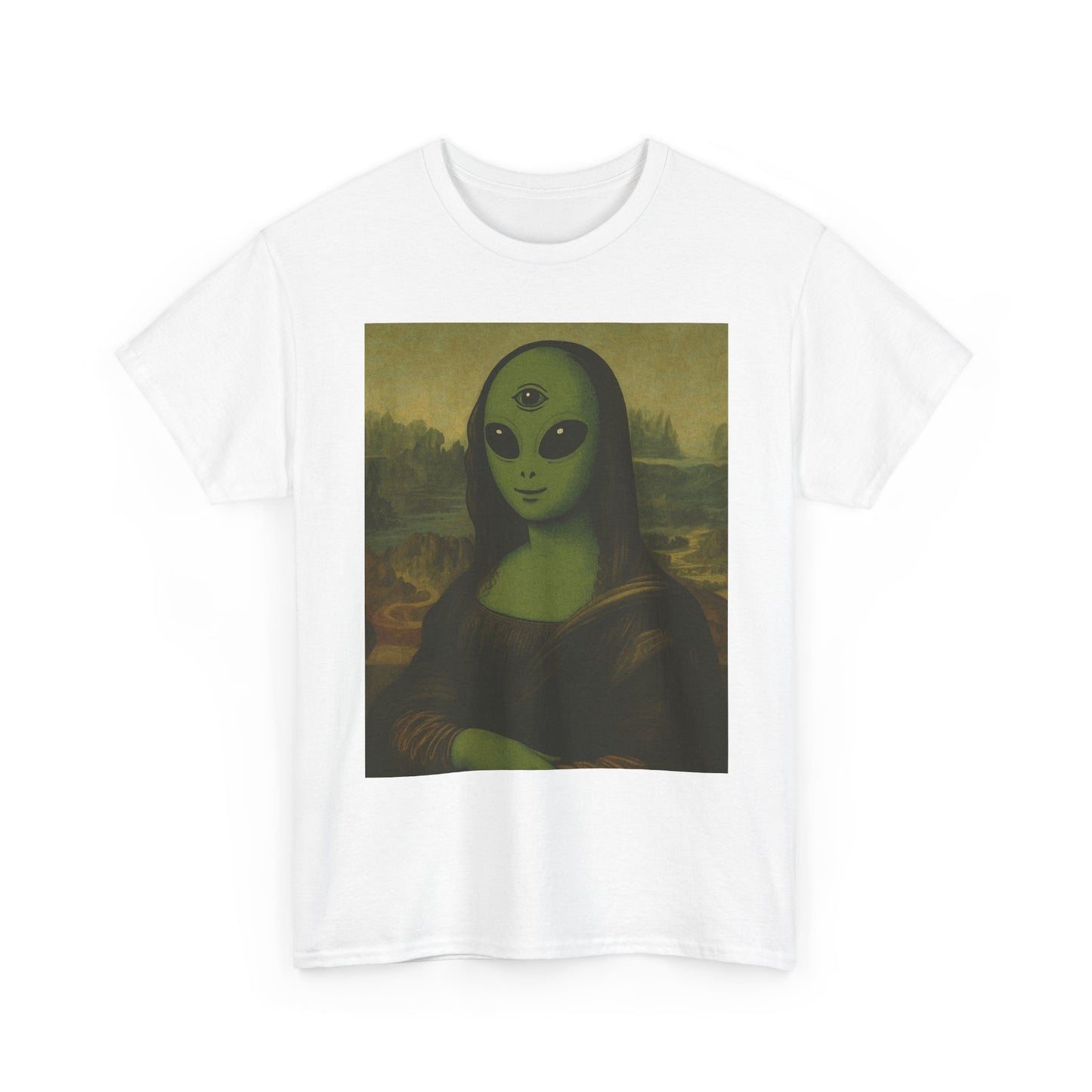 Alien Mona Lisa T-Shirt – Green 3‑Eyed Portrait Graphic Tee