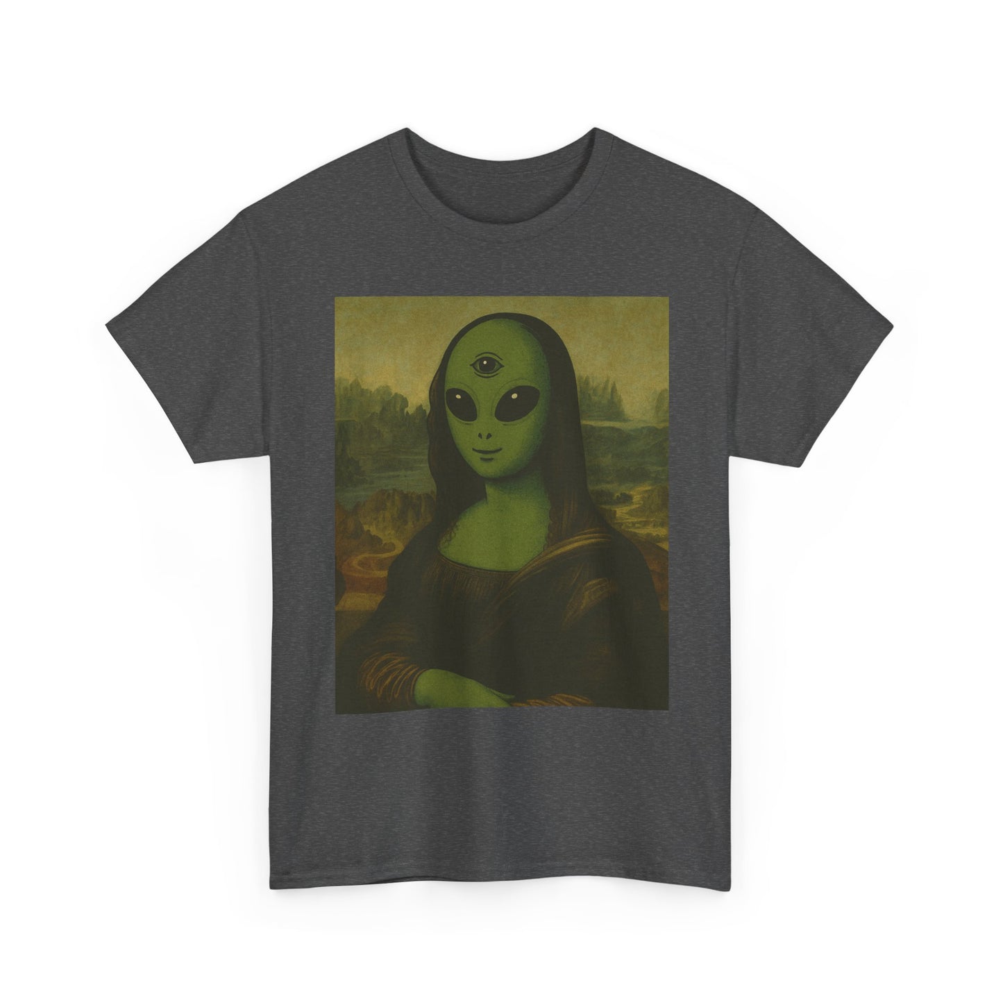 Alien Mona Lisa T-Shirt – Green 3‑Eyed Portrait Graphic Tee