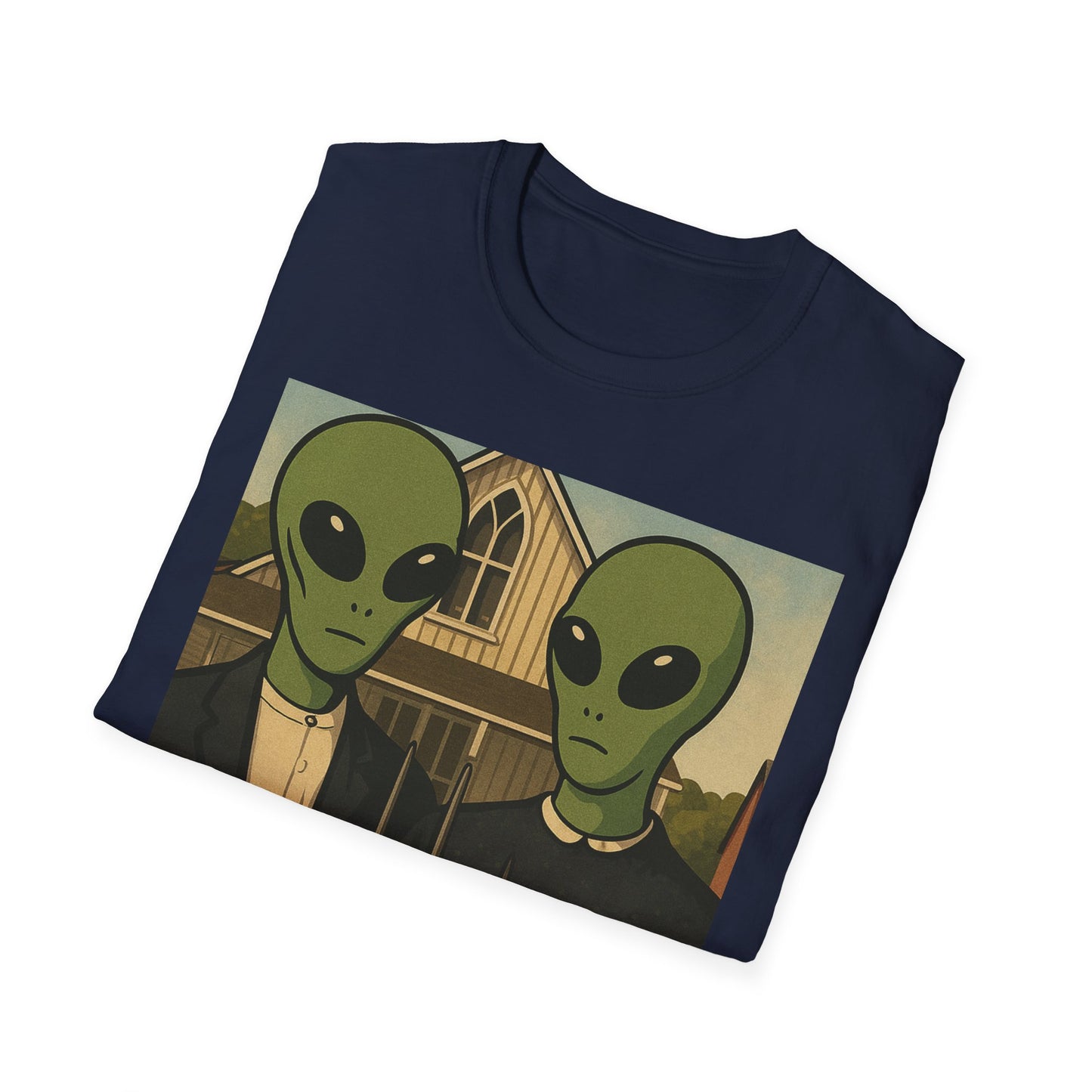 Alien American Gothic T-Shirt — Funny Retro Sci‑Fi Art Tee