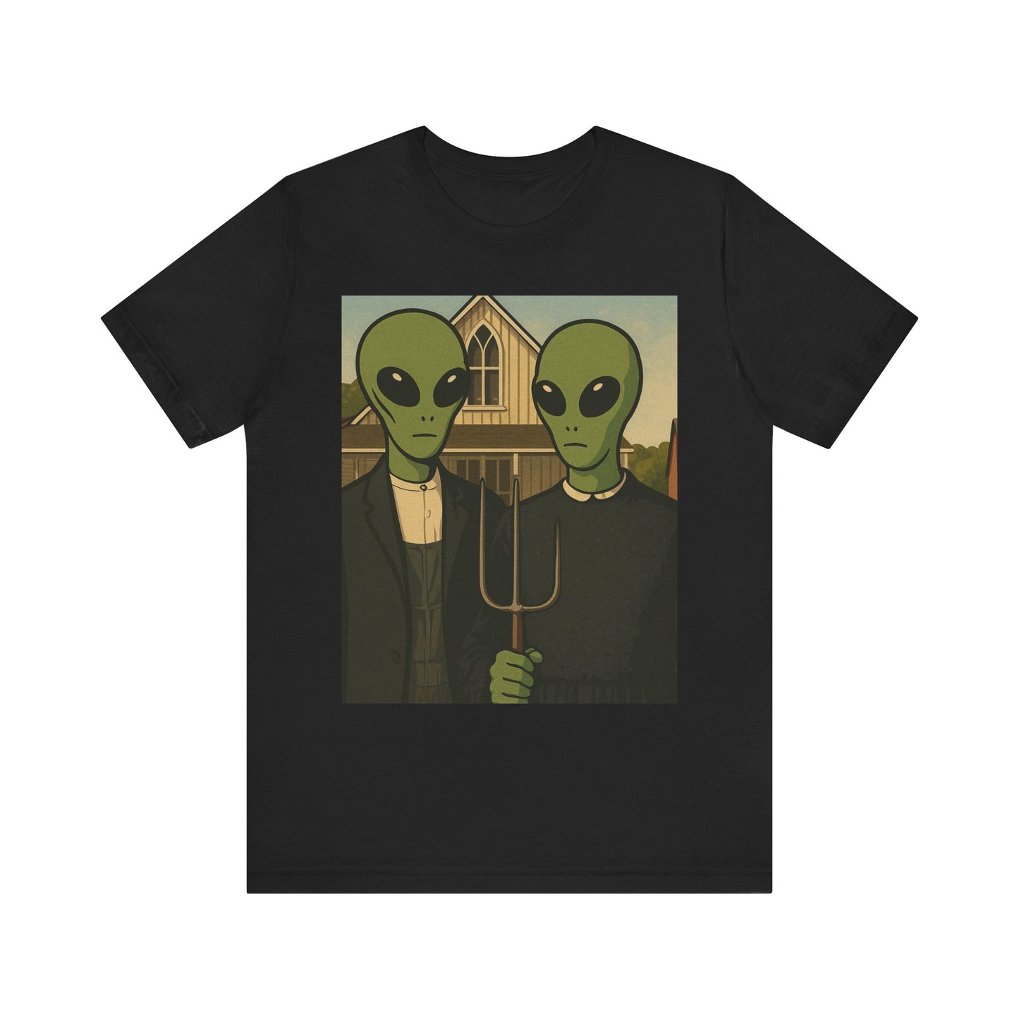Alien Gothic Farmhouse T‑Shirt — Retro Green Alien American Gothic Tee