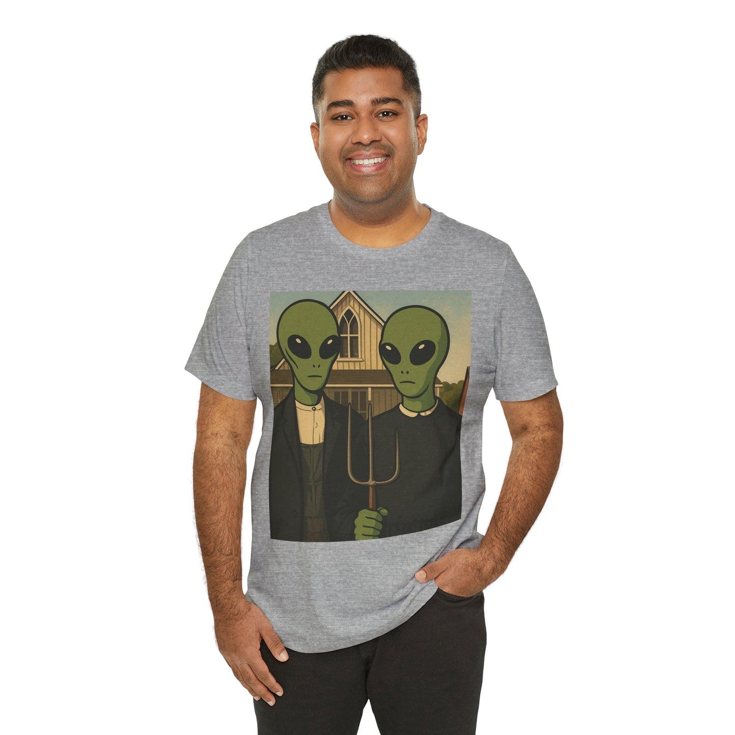 Alien Gothic Farmhouse T‑Shirt — Retro Green Alien American Gothic Tee
