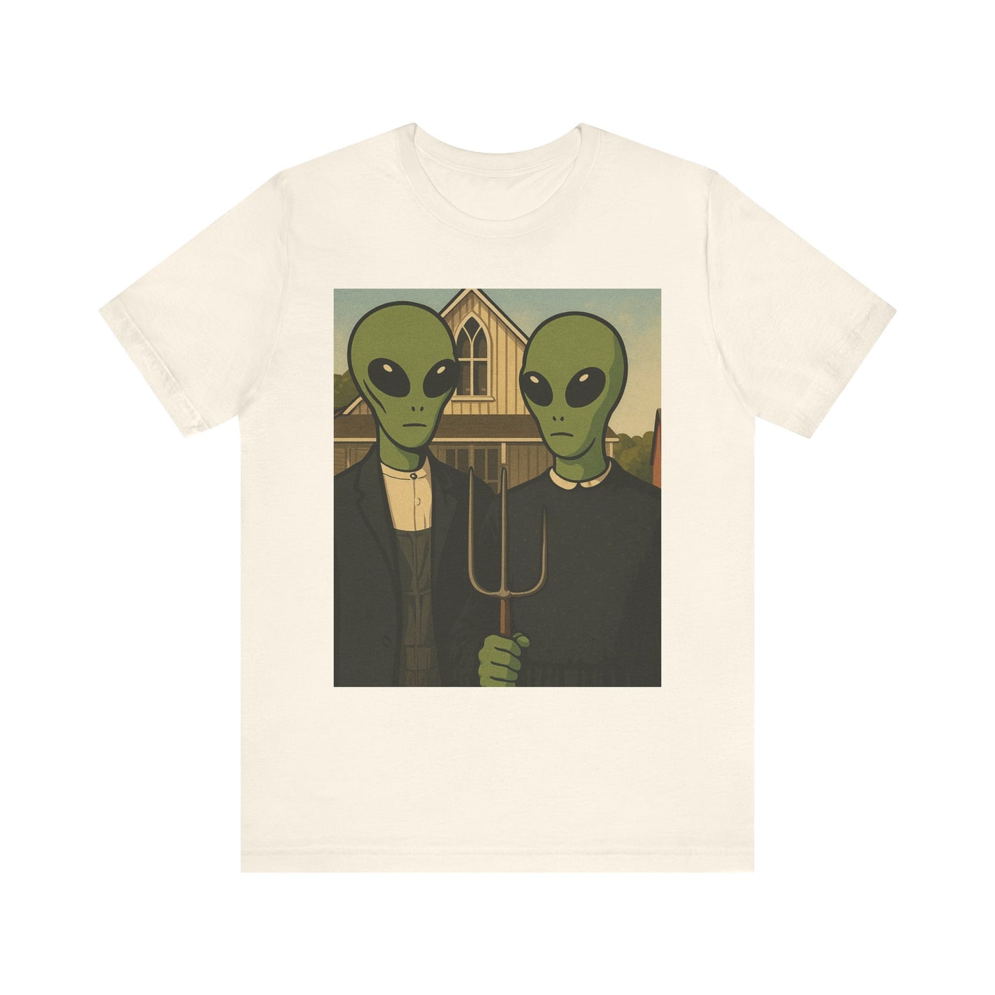 Alien Gothic Farmhouse T‑Shirt — Retro Green Alien American Gothic Tee