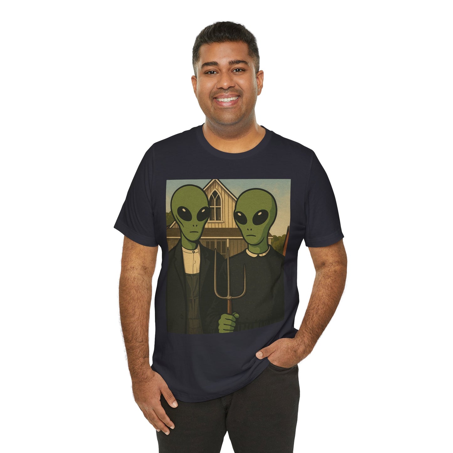 Alien Gothic Farmhouse T‑Shirt — Retro Green Alien American Gothic Tee