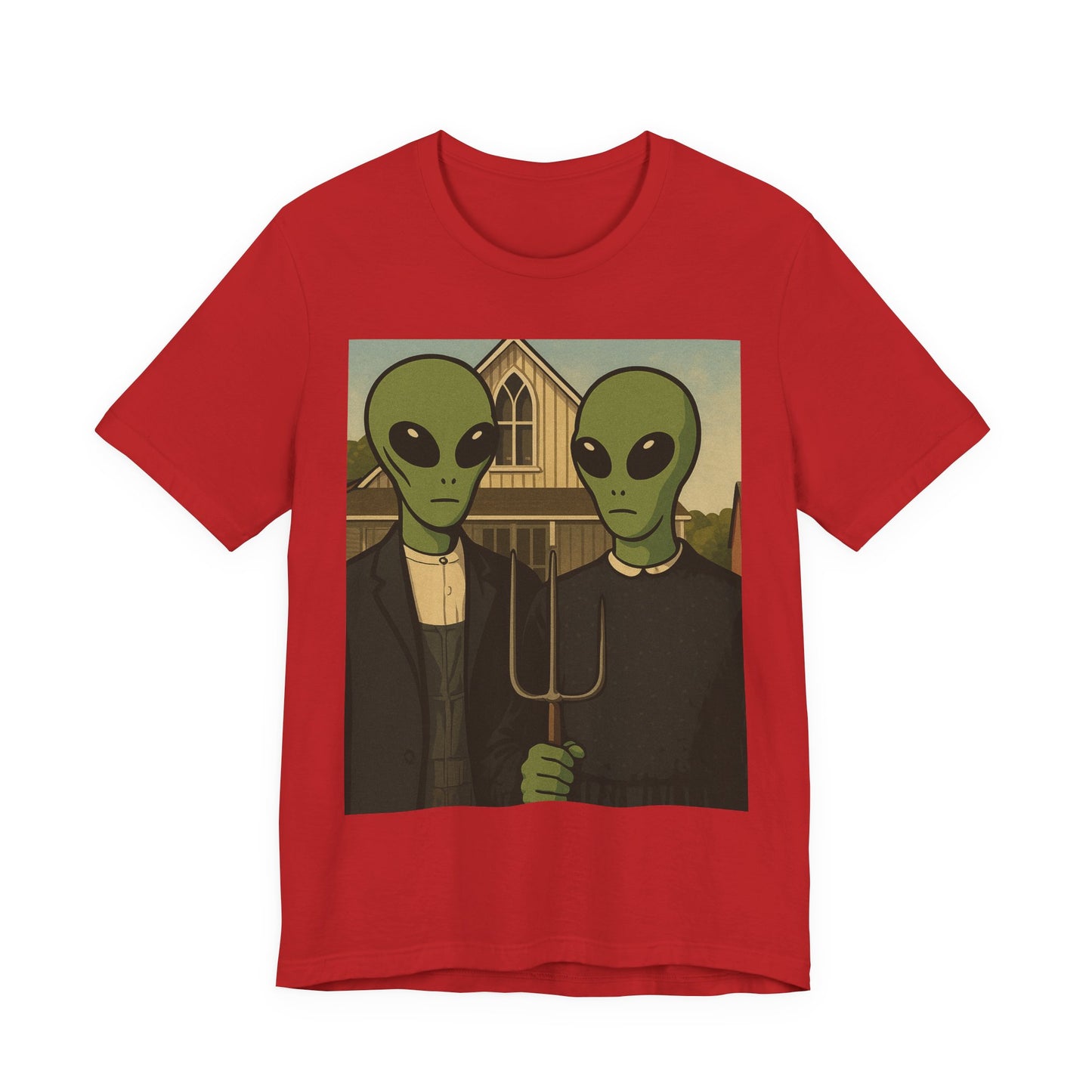 Alien Gothic Farmhouse T‑Shirt — Retro Green Alien American Gothic Tee
