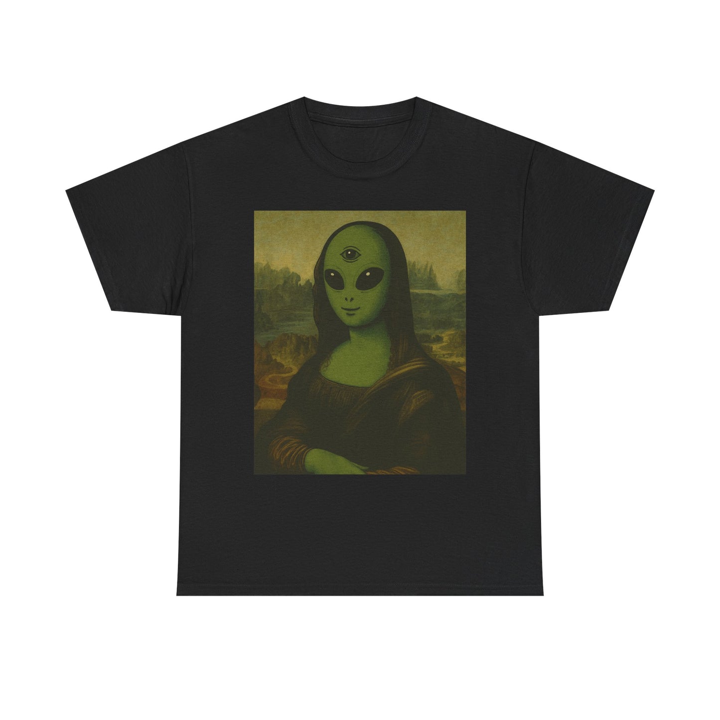 Alien Mona Lisa T-Shirt – Green 3‑Eyed Portrait Graphic Tee