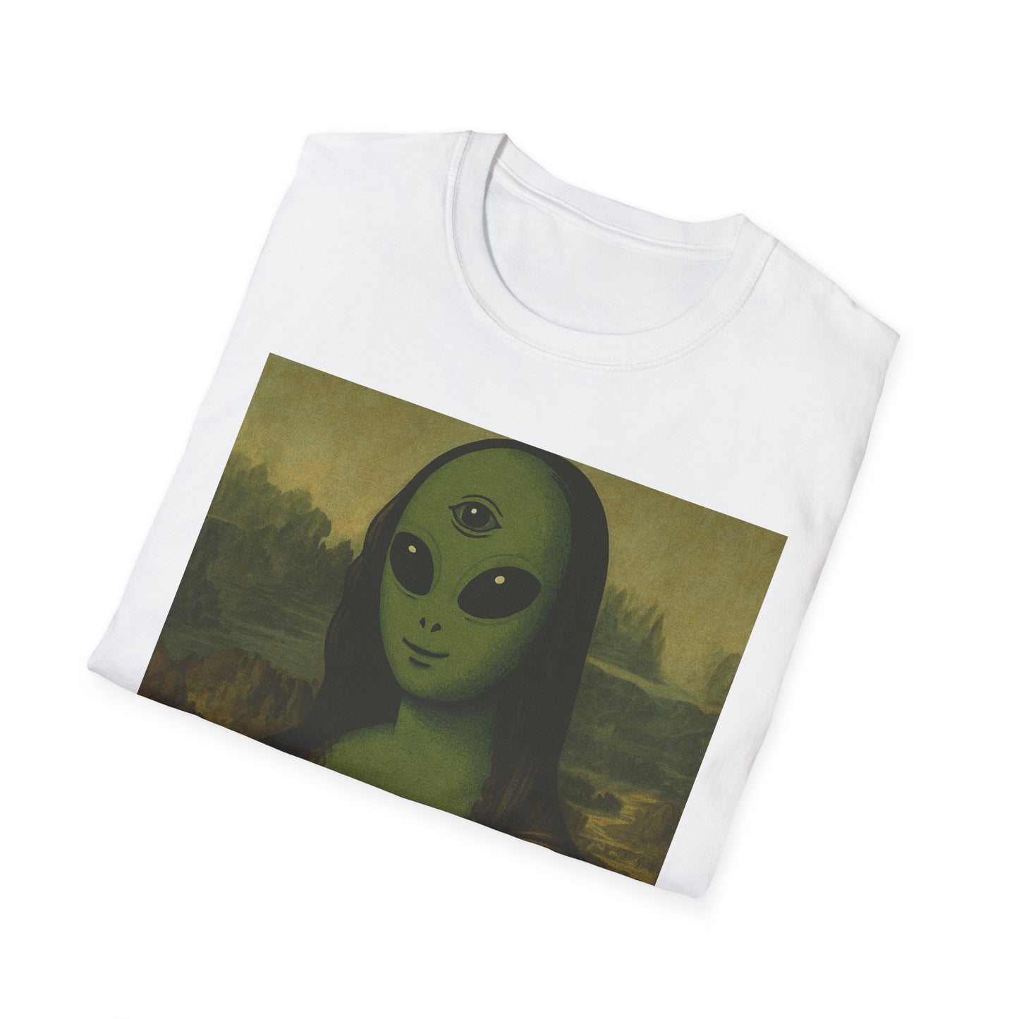 Alien Mona Lisa T-Shirt — Retro Green UFO Art Tee