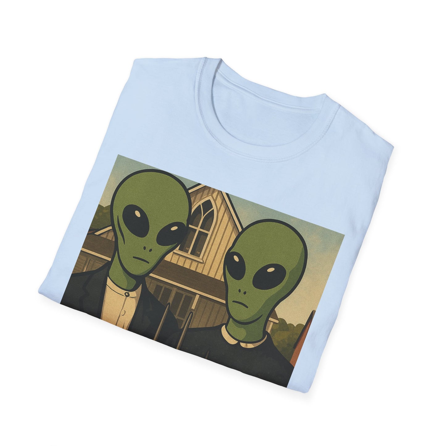 Alien American Gothic T-Shirt — Funny Retro Sci‑Fi Art Tee